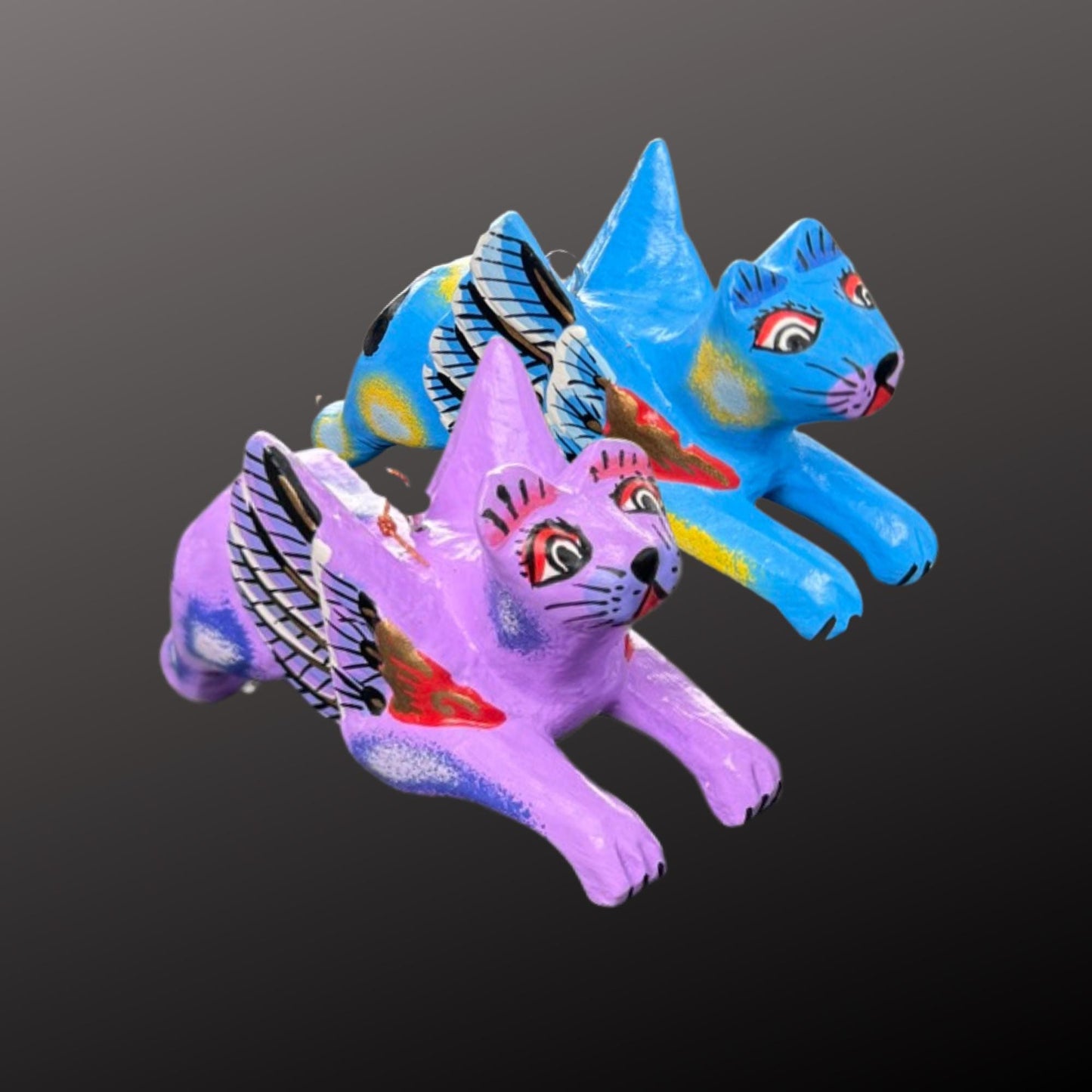Balinese Flying Cat Ornament Set, Spiritchaser, Hand Carved Wood Bali Folk Art