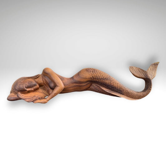 Hand Carved Suar Wood Mermaid Sculpture: Balinese Art, Nautical Decor - Acadia World Traders
