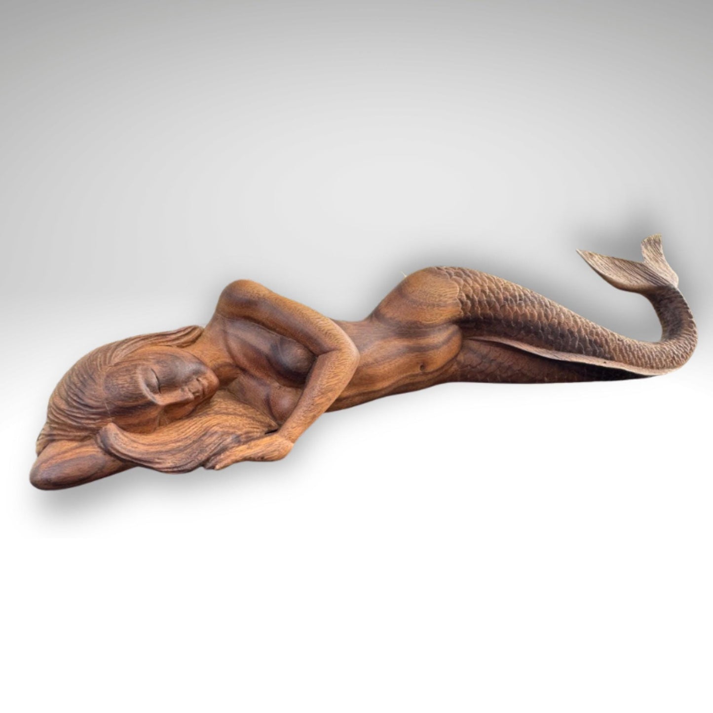 Hand Carved Suar Wood Mermaid Sculpture: Balinese Art, Nautical Decor