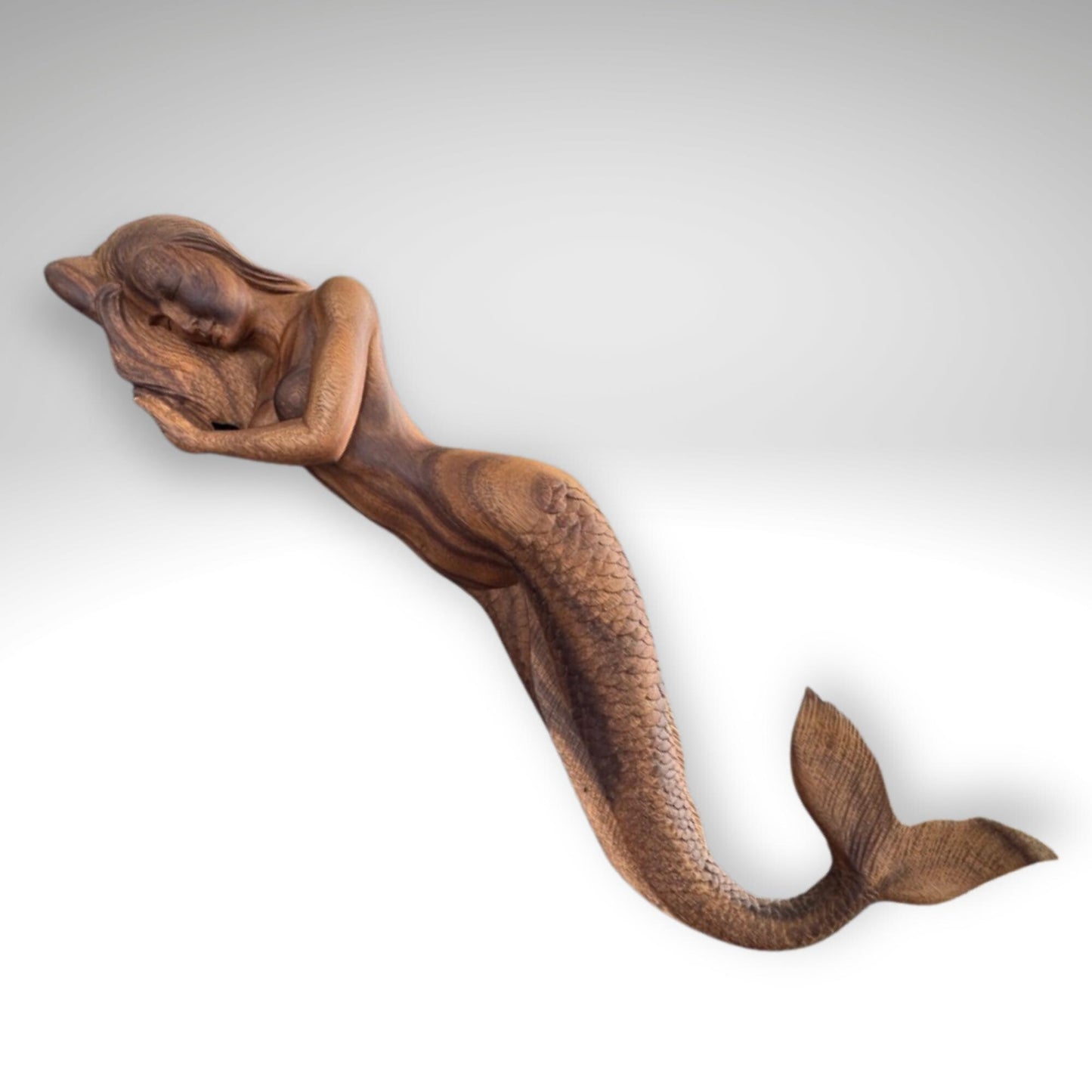 Hand Carved Suar Wood Mermaid Sculpture: Balinese Art, Nautical Decor