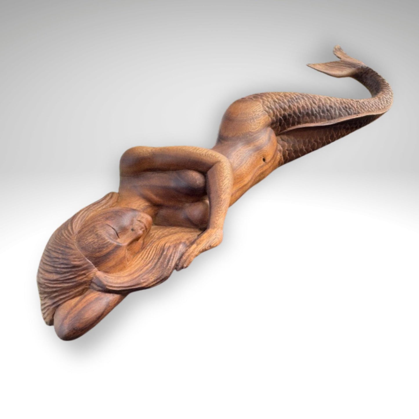 Hand Carved Suar Wood Mermaid Sculpture: Balinese Art, Nautical Decor