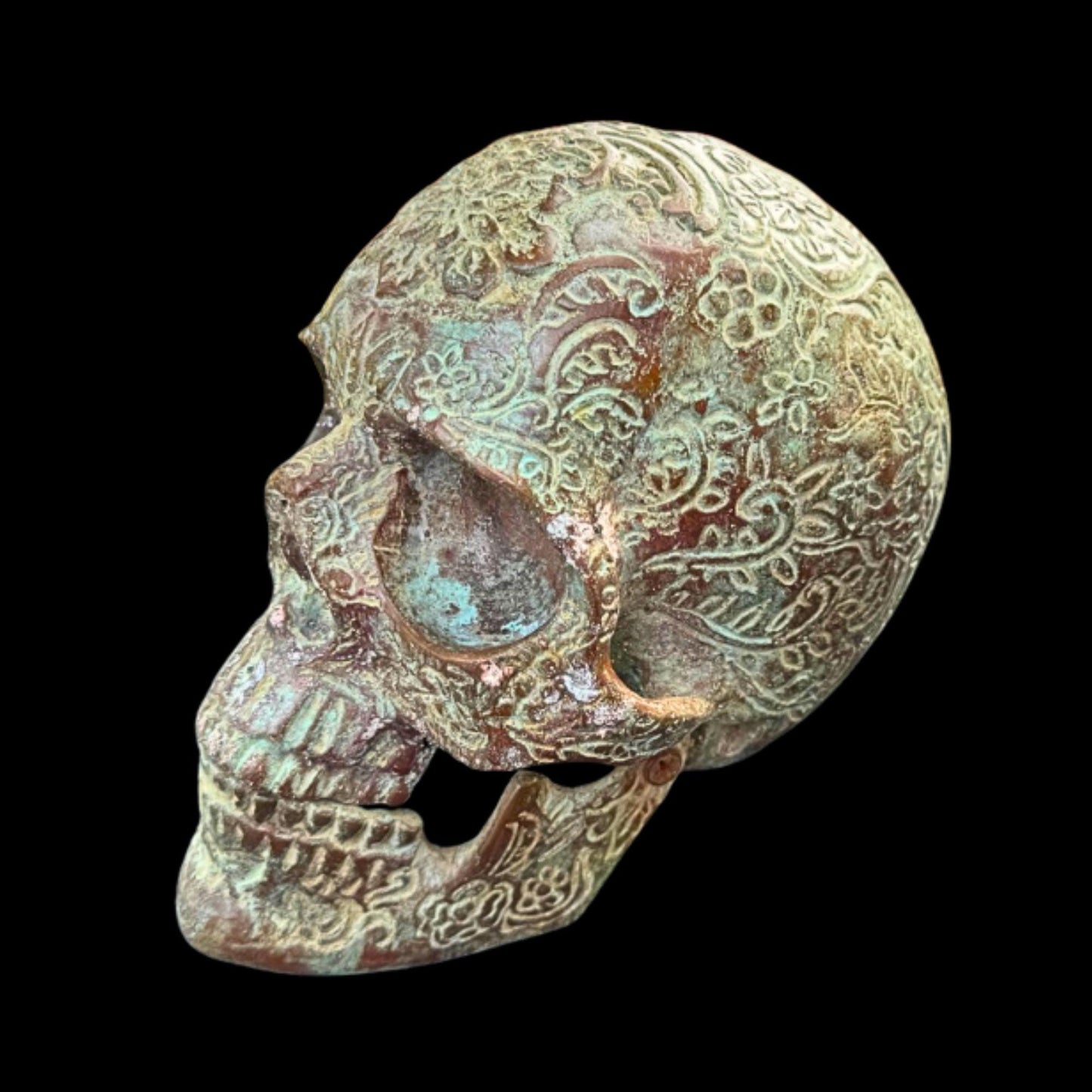 Bronze Skull Statue: Verdigris Finish, Hinged Jaw, Gothic Decor
