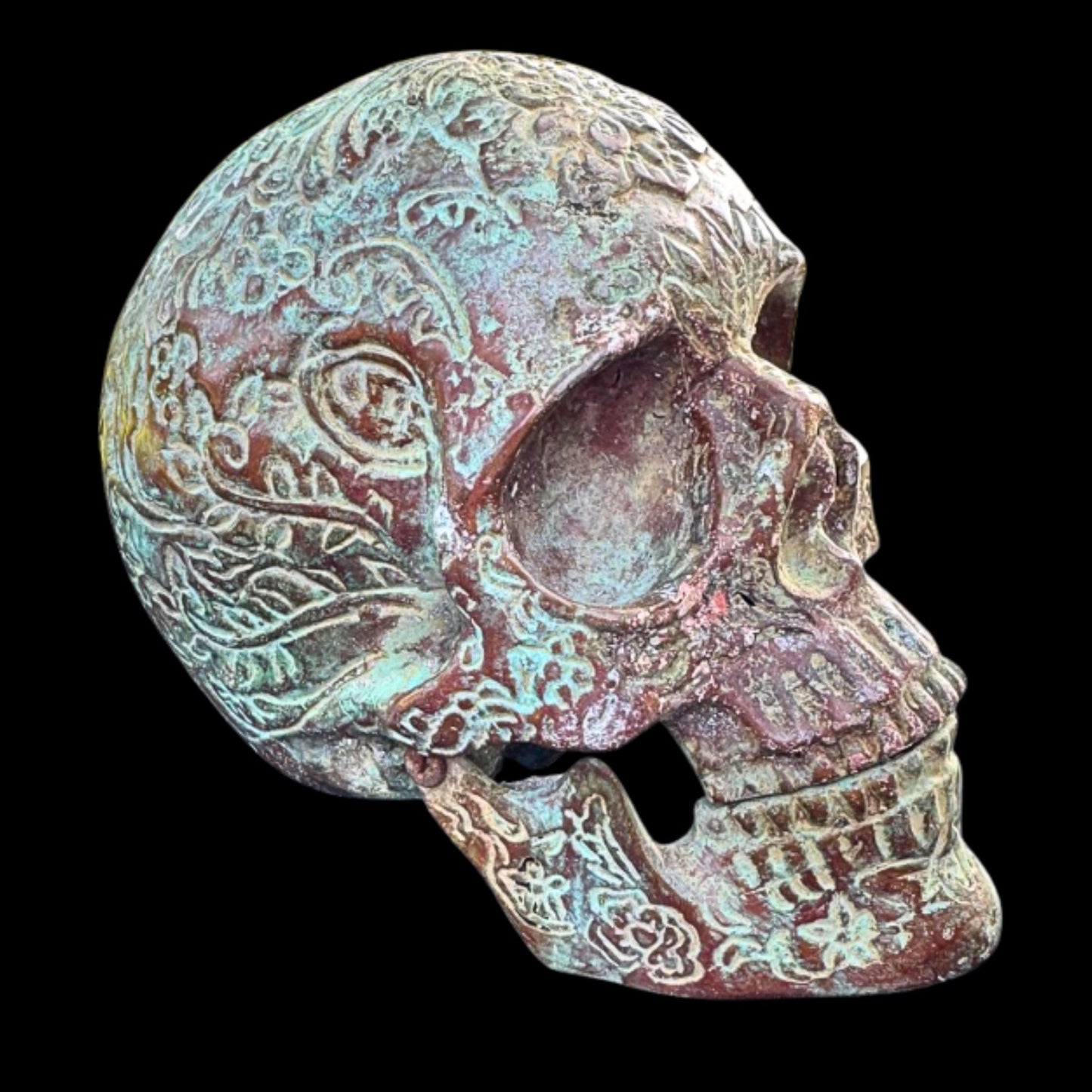 Bronze Skull Statue: Verdigris Finish, Hinged Jaw, Gothic Decor