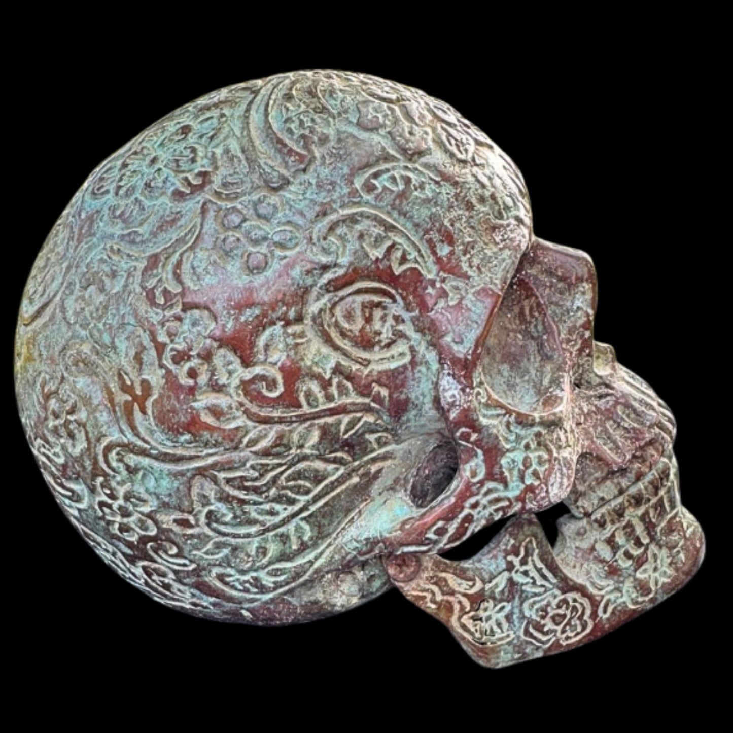 Bronze Skull Statue: Verdigris Finish, Hinged Jaw, Gothic Decor