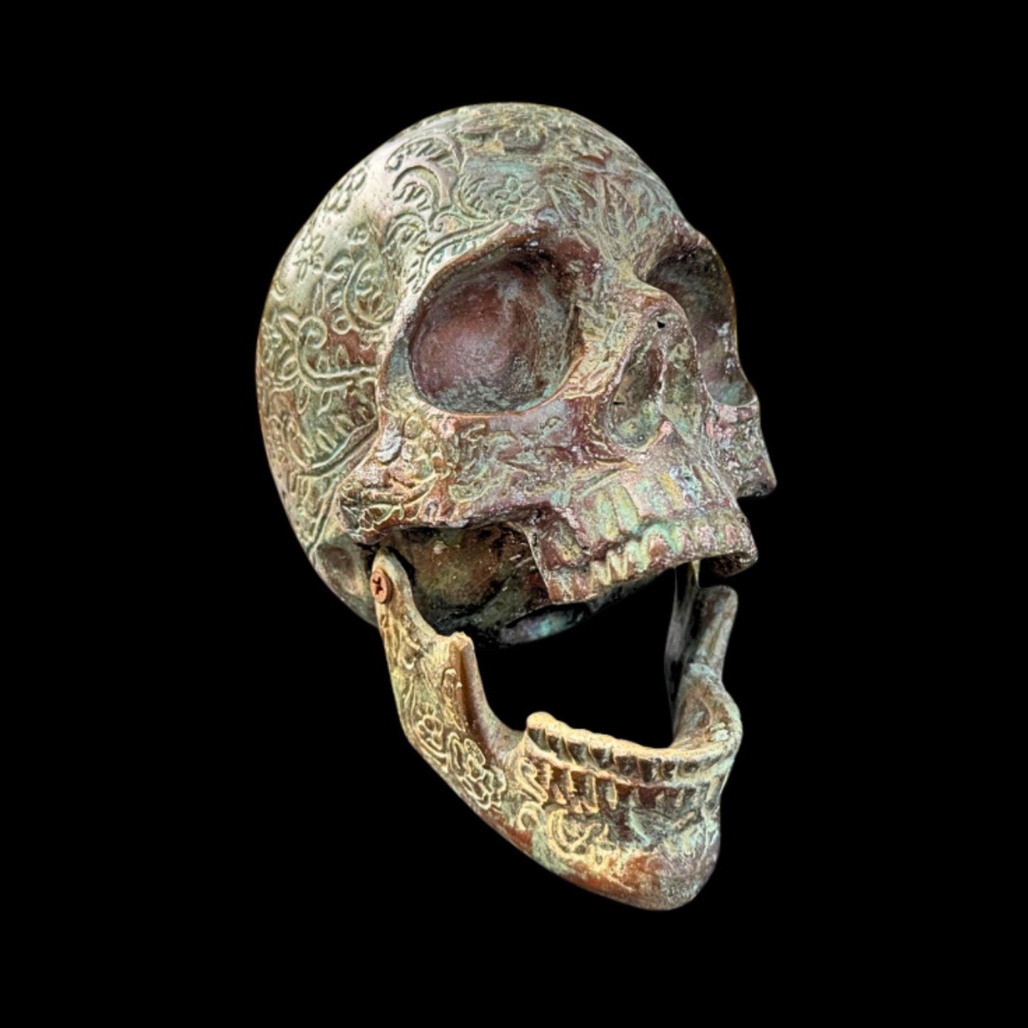 Bronze Skull Statue: Verdigris Finish, Hinged Jaw, Gothic Decor