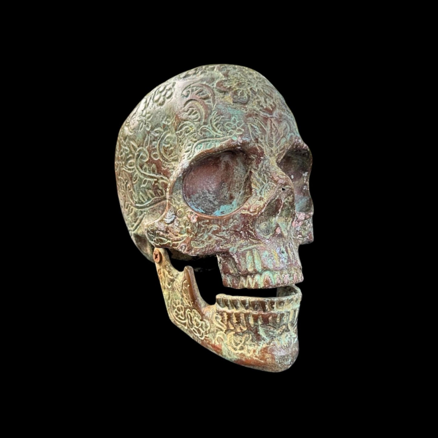 Bronze Skull Statue: Verdigris Finish, Hinged Jaw, Gothic Decor