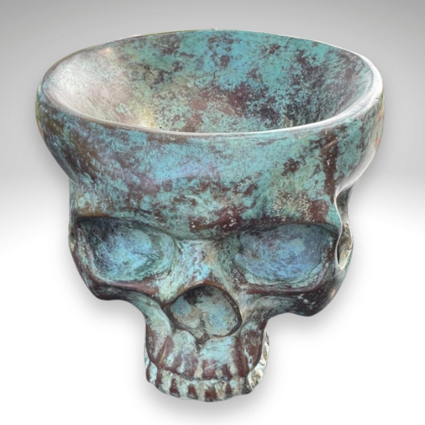 Bronze Skull Offering Bowl: Verdigris Finish, Gothic Home Decor