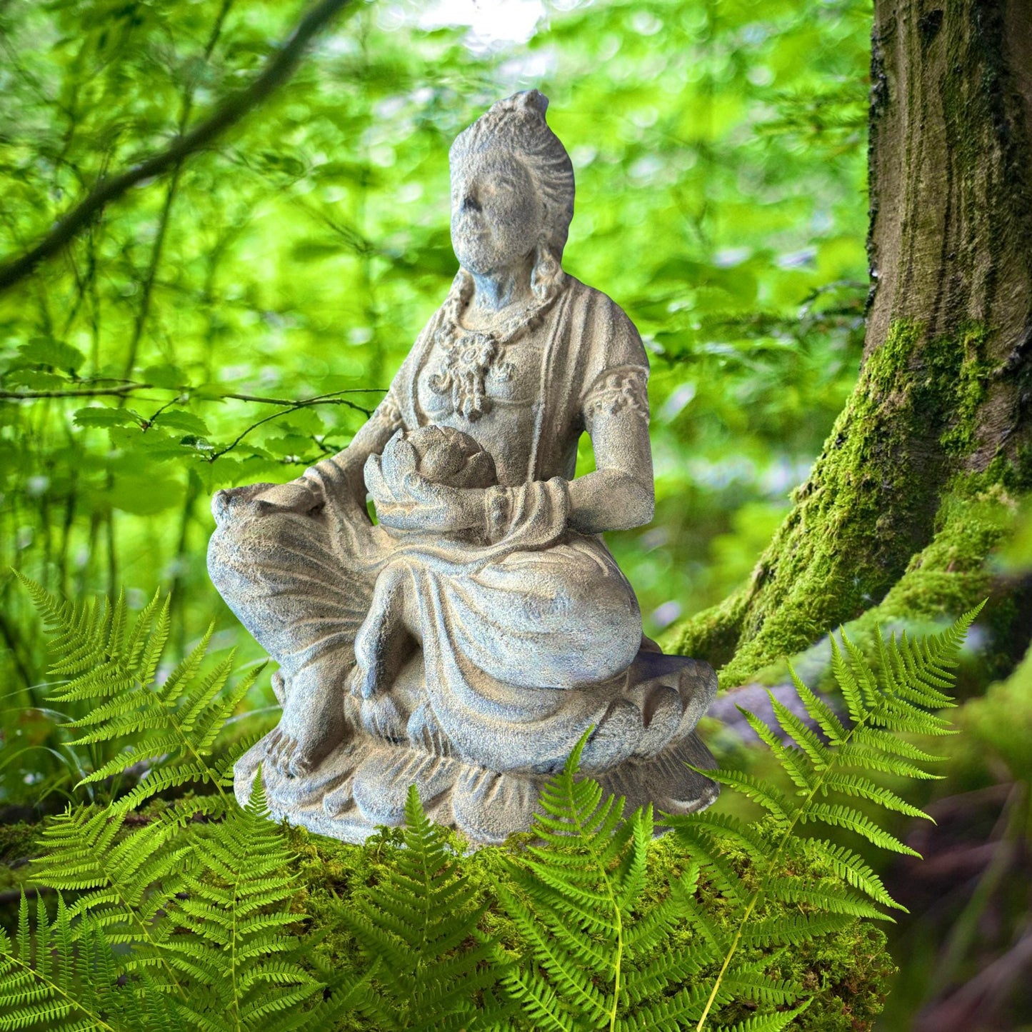Handcrafted Lava Stone Lakshmi Statue: Balinese Garden Decor