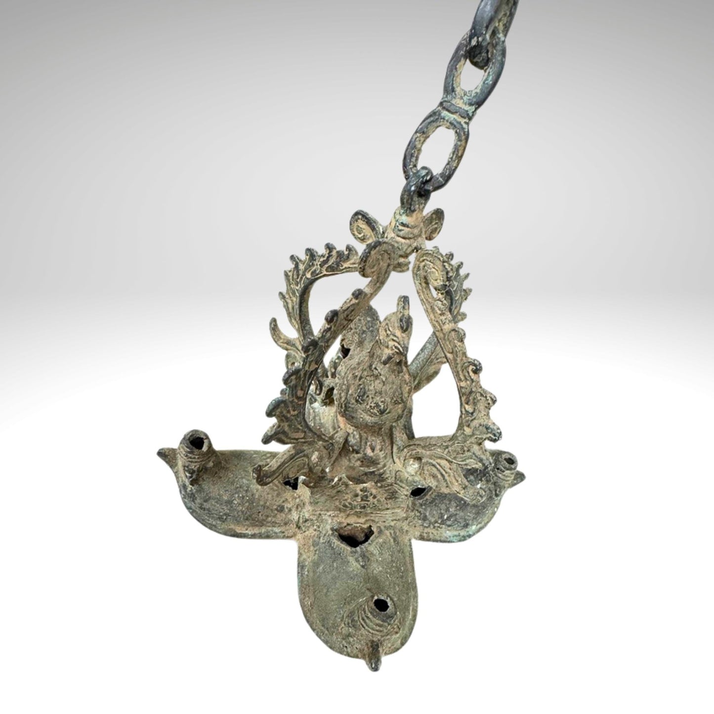 Vintage Bronze Rooster Oil Lamp: Balinese Chicken Temple Lantern, Verdigris Patina