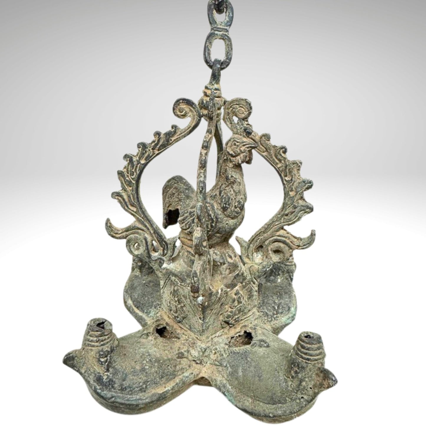 Vintage Bronze Rooster Oil Lamp: Balinese Chicken Temple Lantern, Verdigris Patina