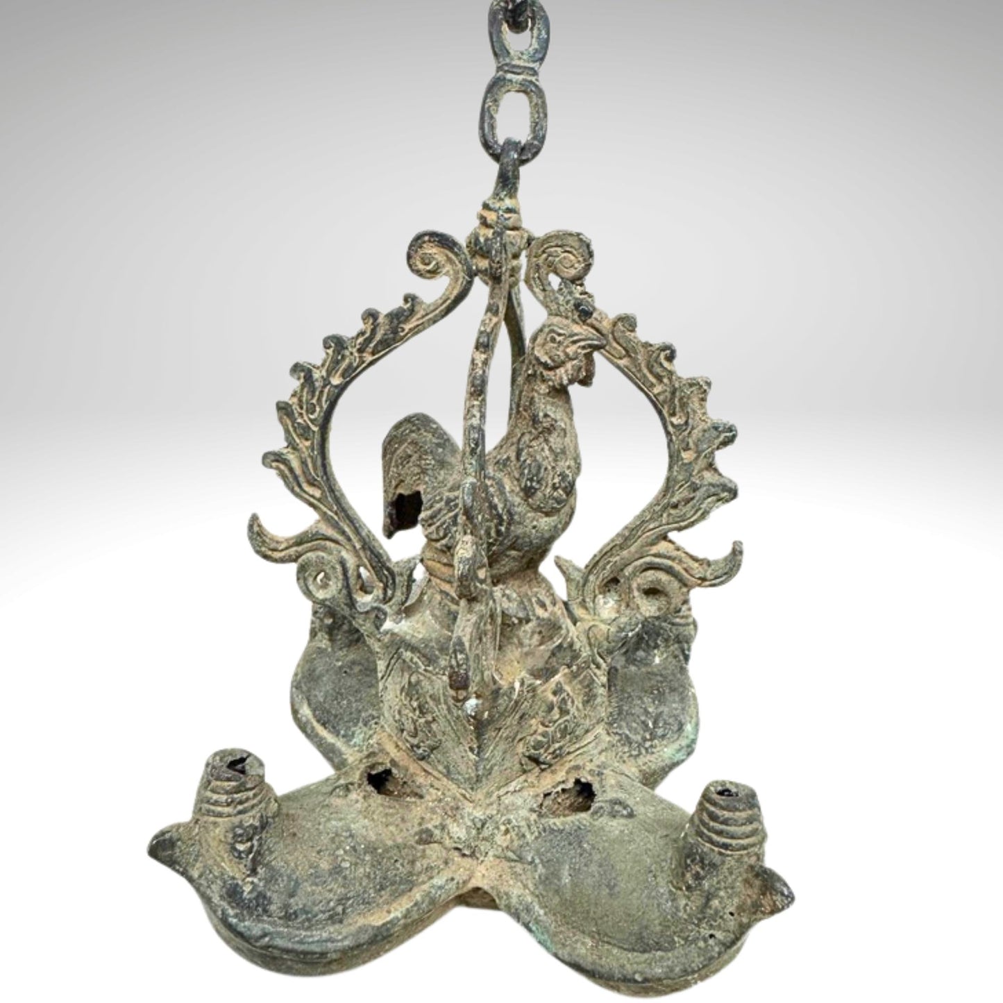 Vintage Bronze Rooster Oil Lamp: Balinese Chicken Temple Lantern, Verdigris Patina