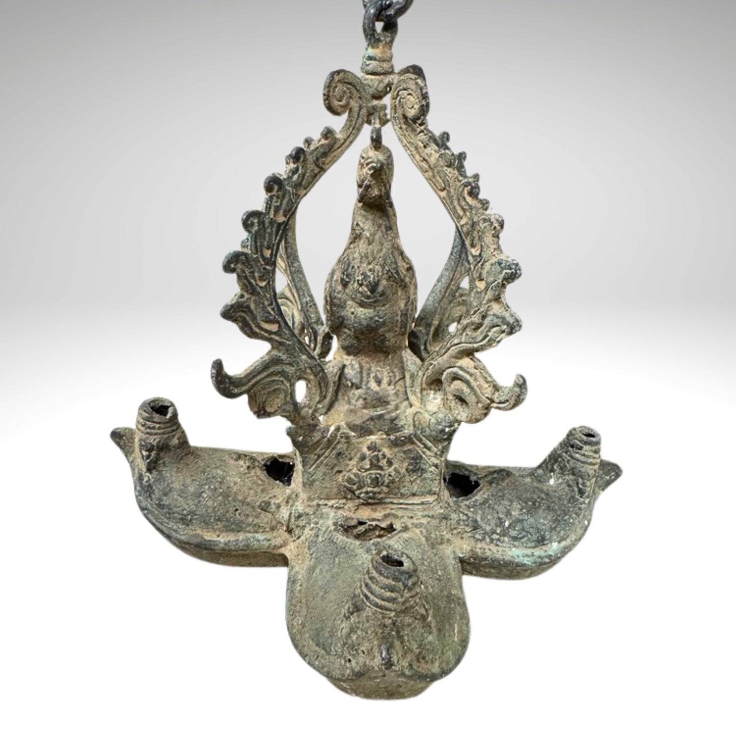 Vintage Bronze Rooster Oil Lamp: Balinese Chicken Temple Lantern, Verdigris Patina
