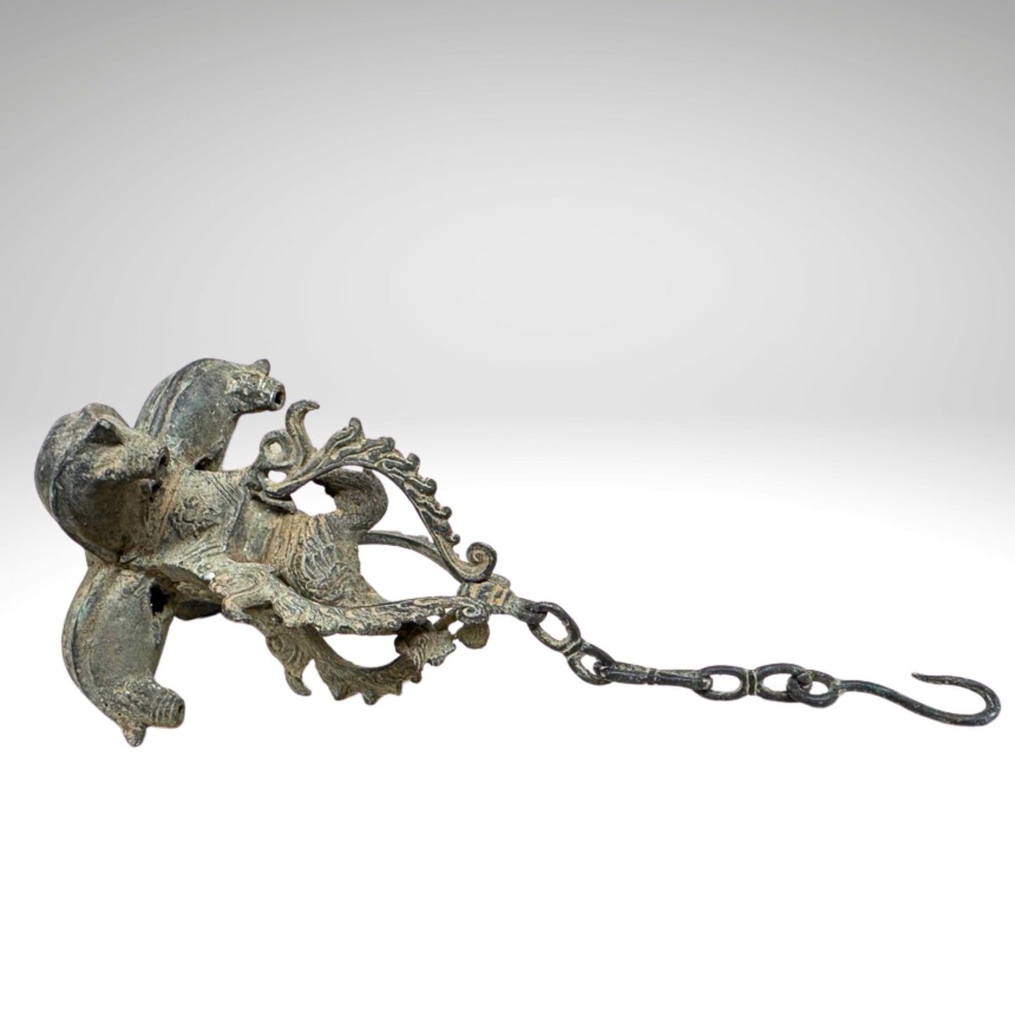 Vintage Bronze Rooster Oil Lamp: Balinese Chicken Temple Lantern, Verdigris Patina