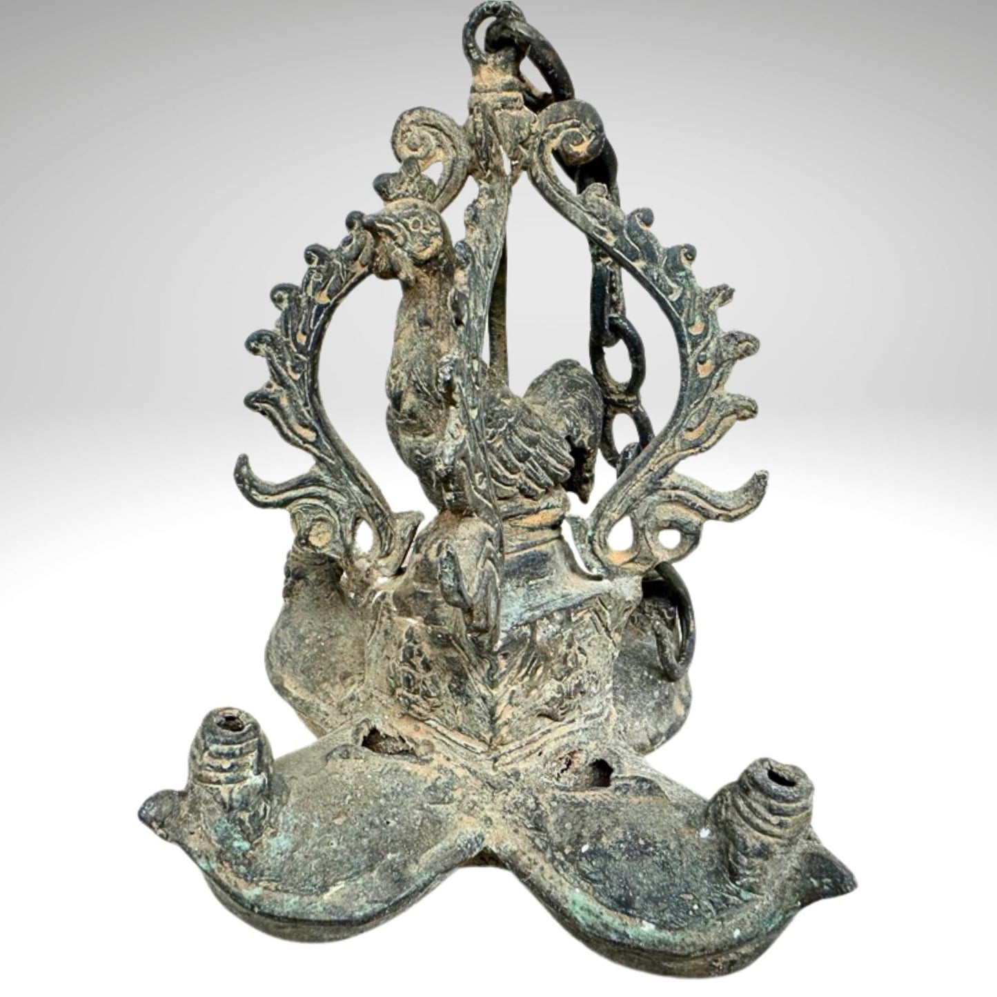 Vintage Bronze Rooster Oil Lamp: Balinese Chicken Temple Lantern, Verdigris Patina