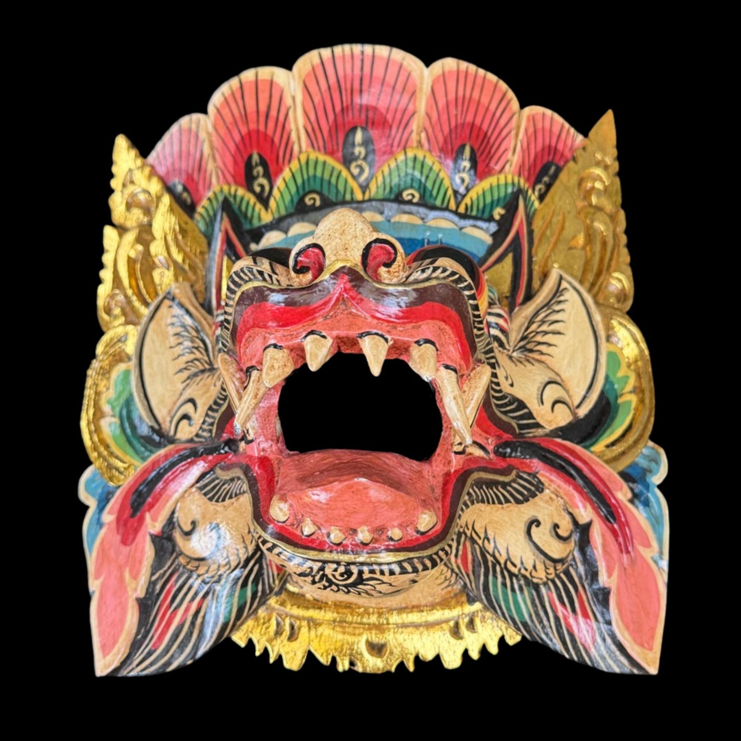 Hand Carved Barong Lion Mask: Balinese Folk Art Wall Decor