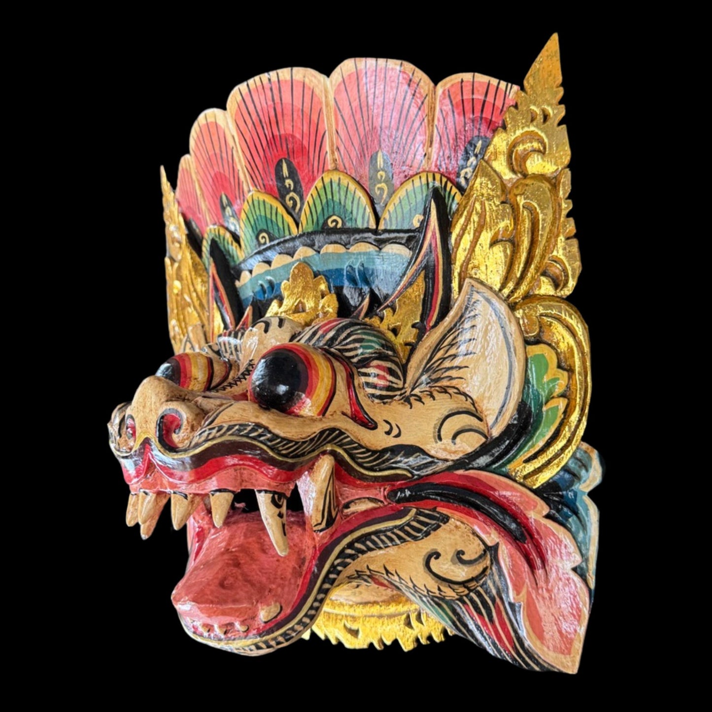 Hand Carved Barong Lion Mask: Balinese Folk Art Wall Decor