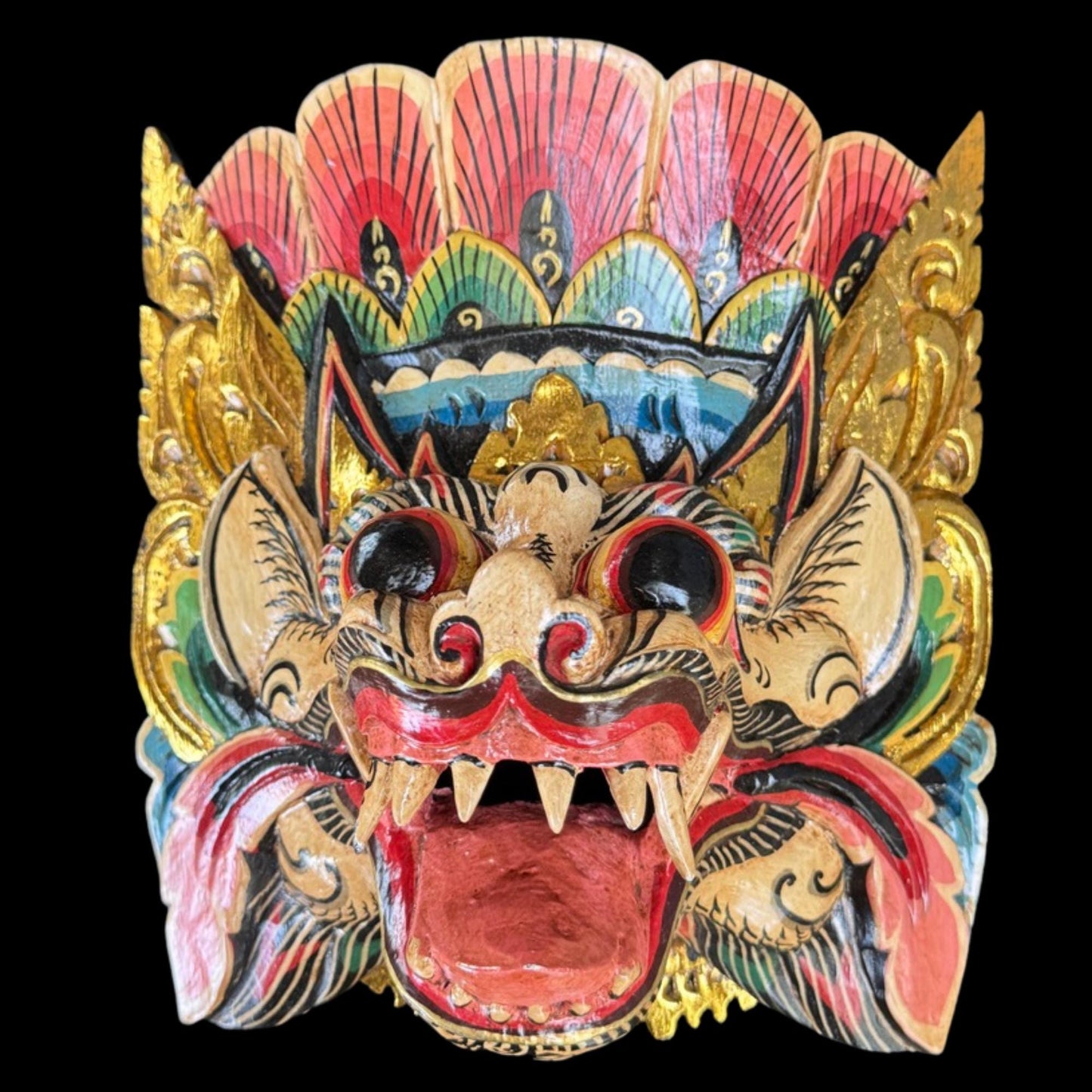Hand Carved Barong Lion Mask: Balinese Folk Art Wall Decor