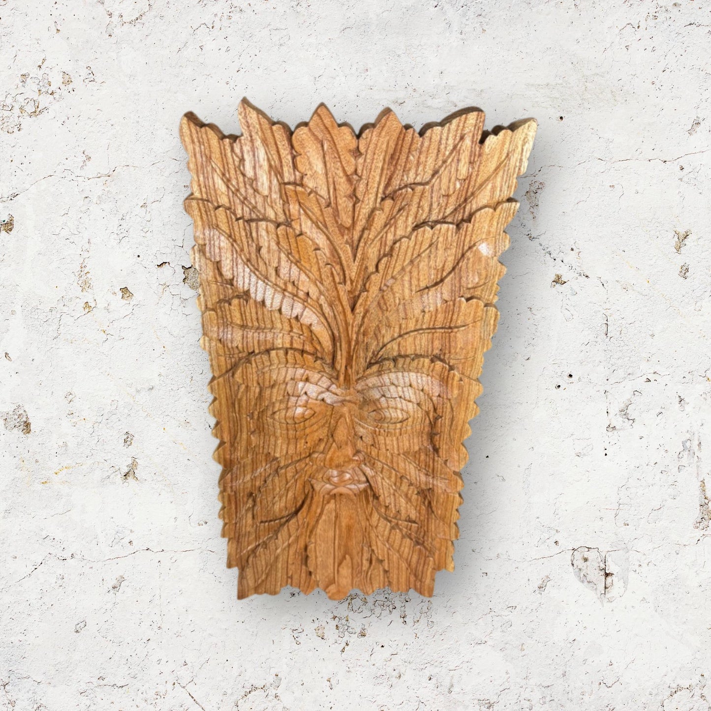 Hand Carved Greenman Wood Wall Art: Rustic Nature Spirit Sculpture
