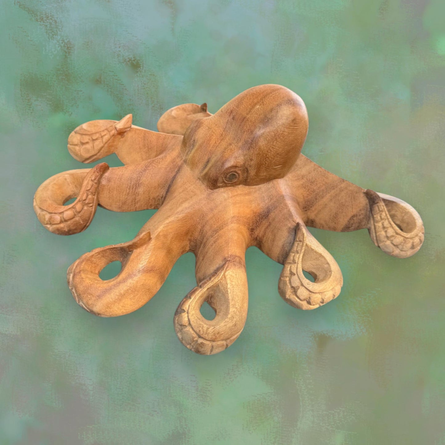 Hand Carved Suar Wood Octopus Sculpture: Balinese Nautical Decor, 12"