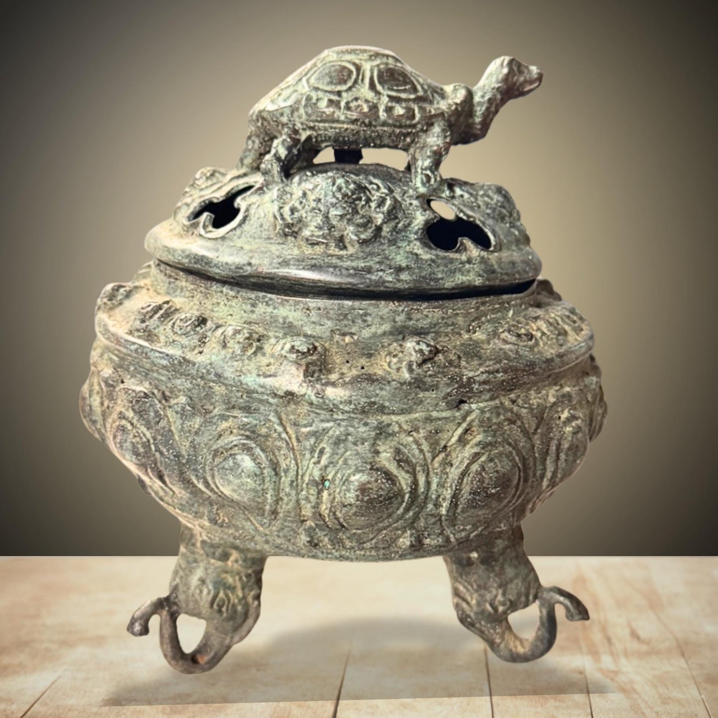 Vintage Bronze Censer World Turtle Kurma Incense Burner Verdigris Patina Bronze Indonesian Folk Art
