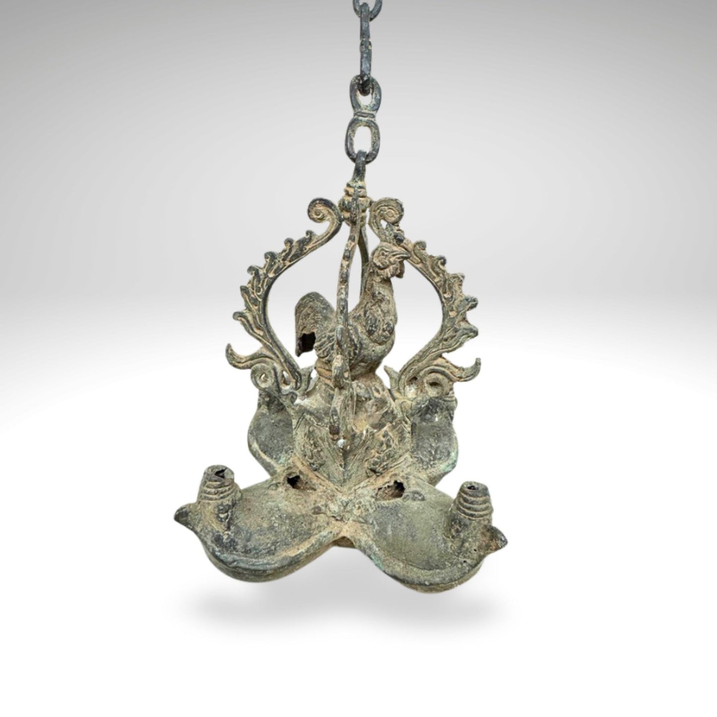 Vintage Bronze Rooster Oil Lamp: Balinese Chicken Temple Lantern, Verdigris Patina