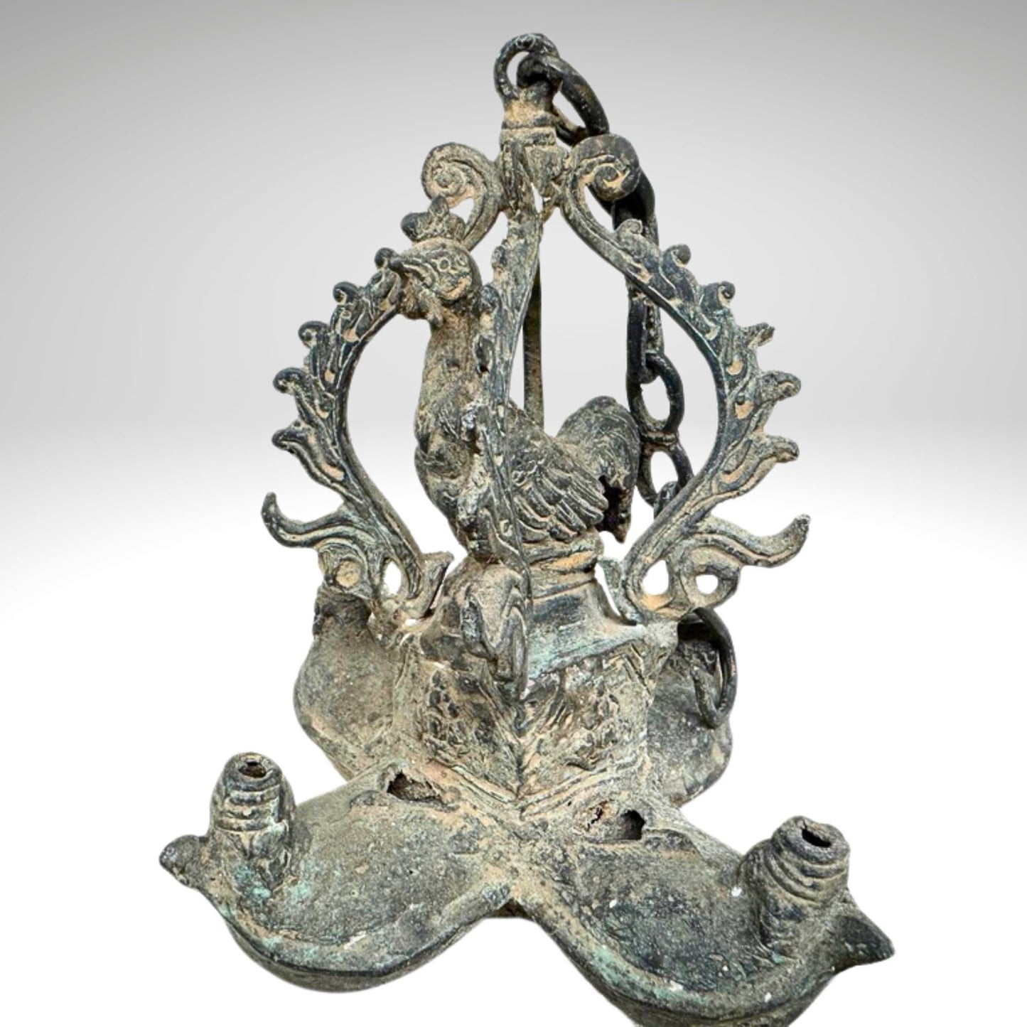 Vintage Bronze Rooster Oil Lamp: Balinese Chicken Temple Lantern, Verdigris Patina