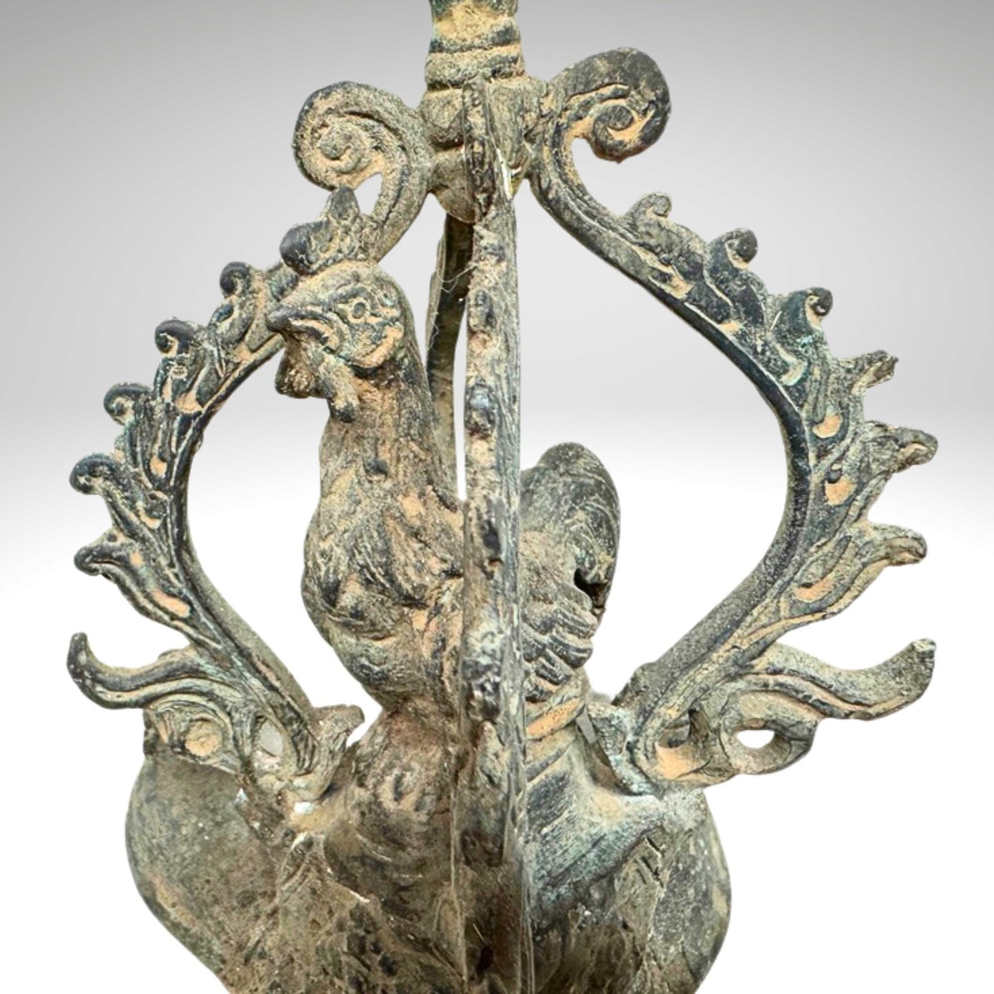 Vintage Bronze Rooster Oil Lamp: Balinese Chicken Temple Lantern, Verdigris Patina