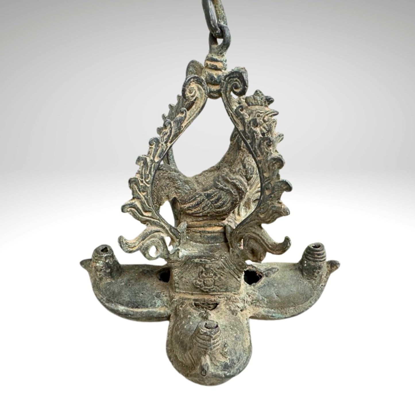 Vintage Bronze Rooster Oil Lamp: Balinese Chicken Temple Lantern, Verdigris Patina