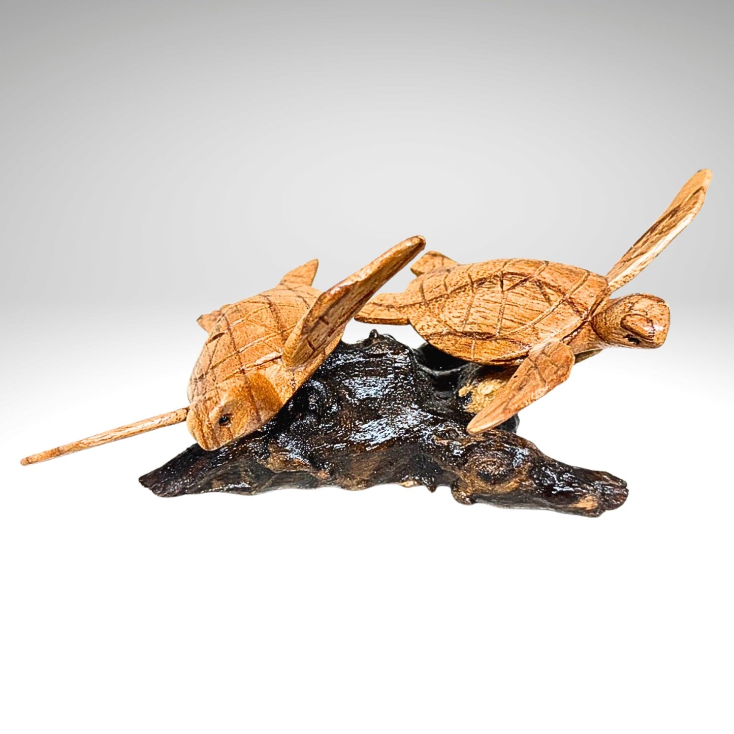 Hand Carved Double Sea Turtle Sculpture: Balinese Wood Carving, Sea-life Statue Art