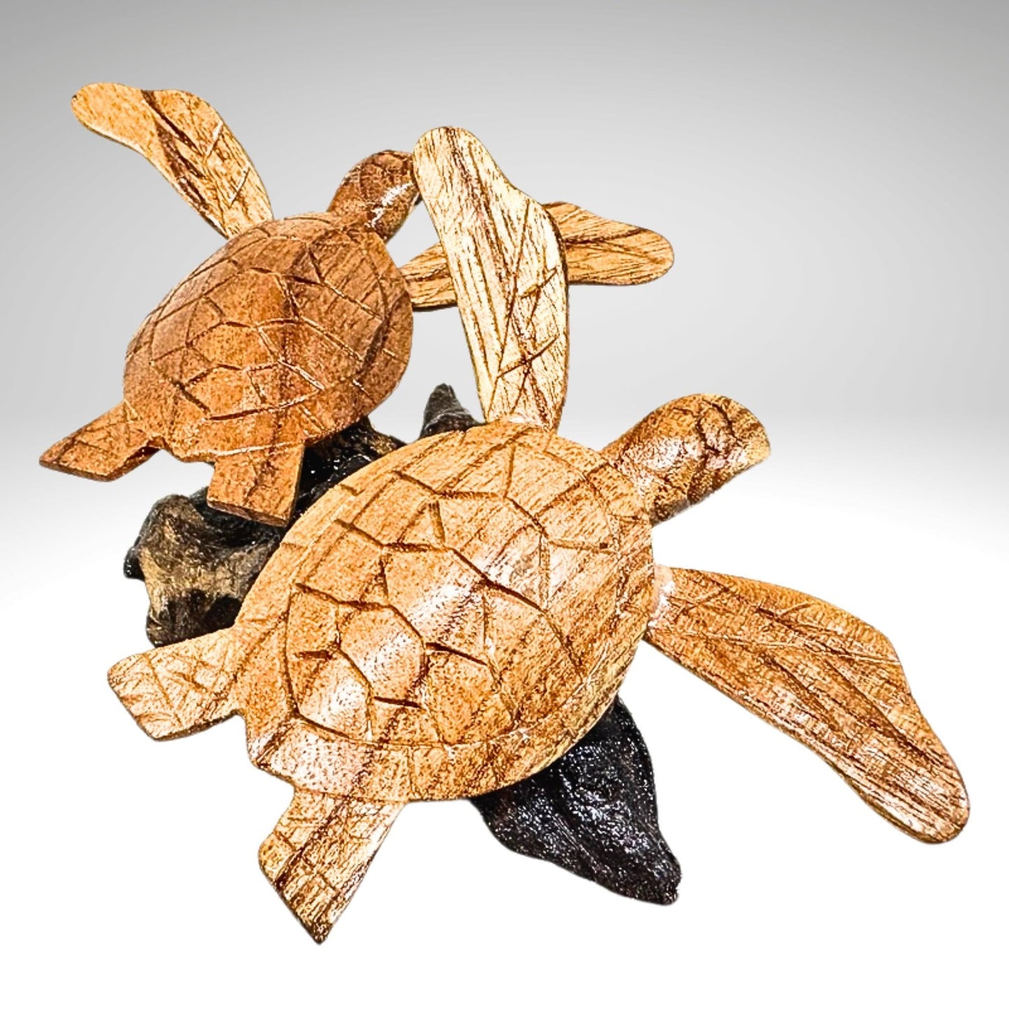 Hand Carved Double Sea Turtle Sculpture: Balinese Wood Carving, Sea-life Statue Art