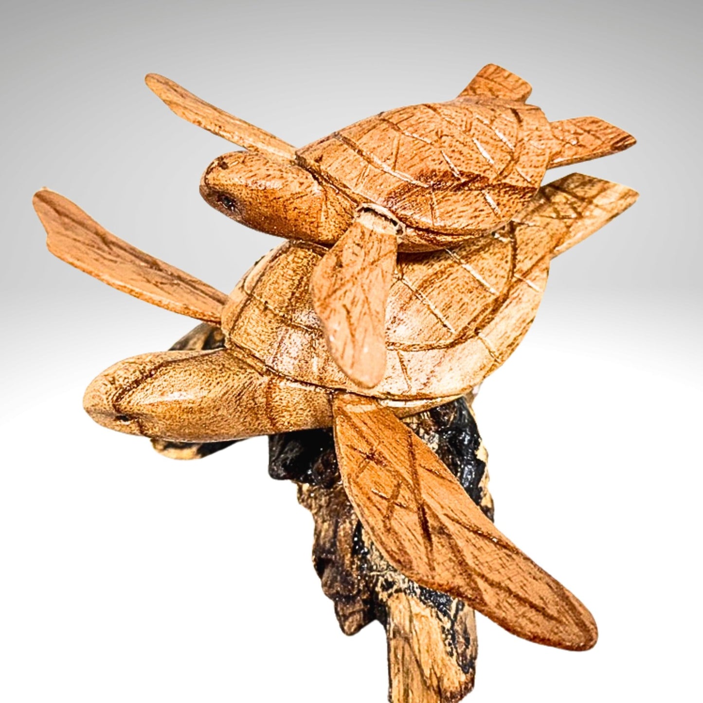 Hand Carved Double Sea Turtle Sculpture: Balinese Marine Art Wood Carving Statue