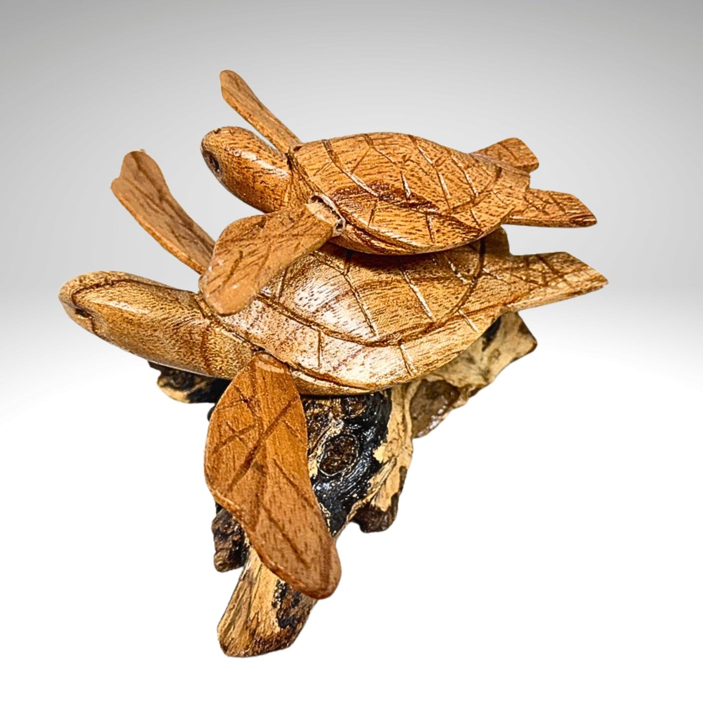 Hand Carved Double Sea Turtle Sculpture: Balinese Marine Art Wood Carving Statue