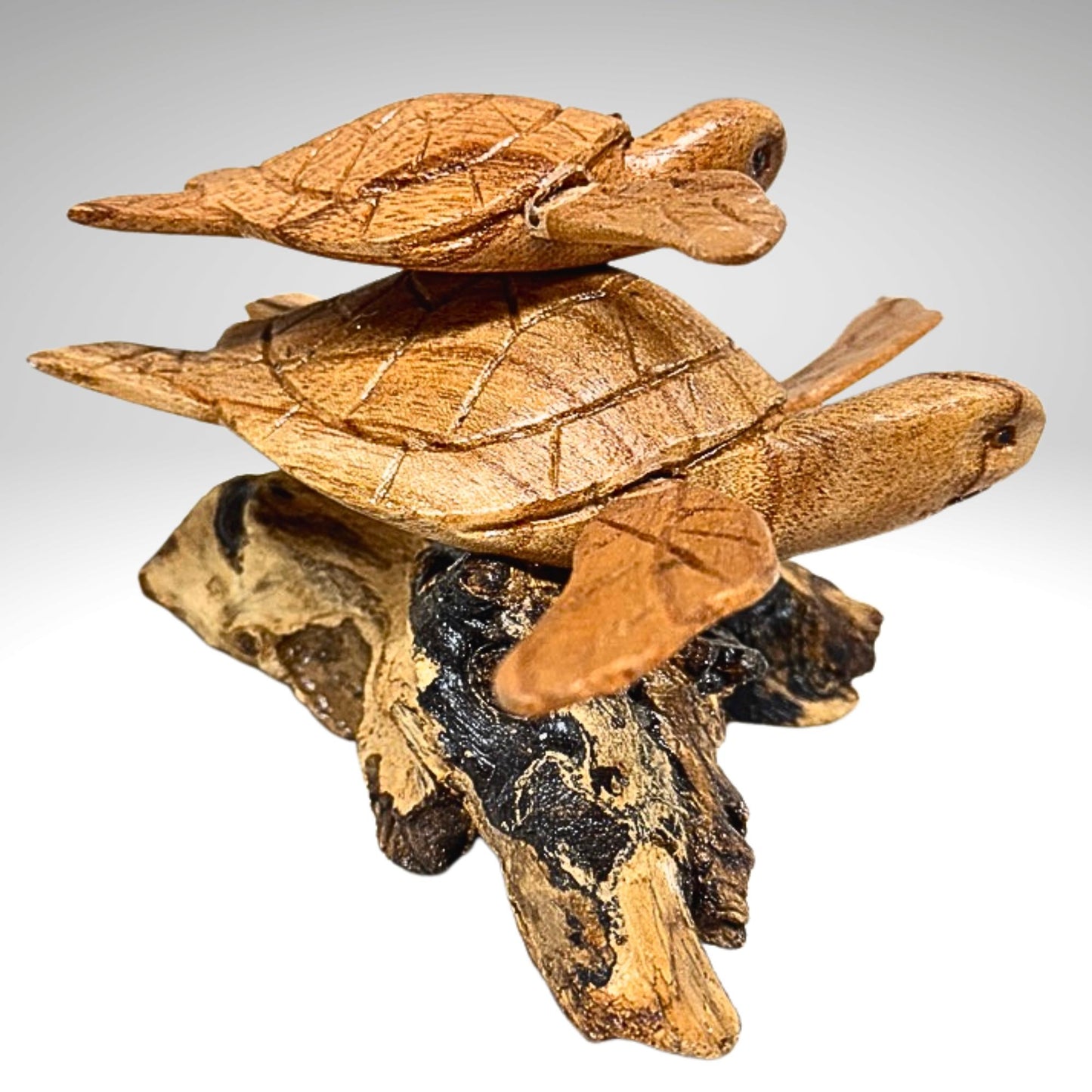 Hand Carved Double Sea Turtle Sculpture: Balinese Marine Art Wood Carving Statue