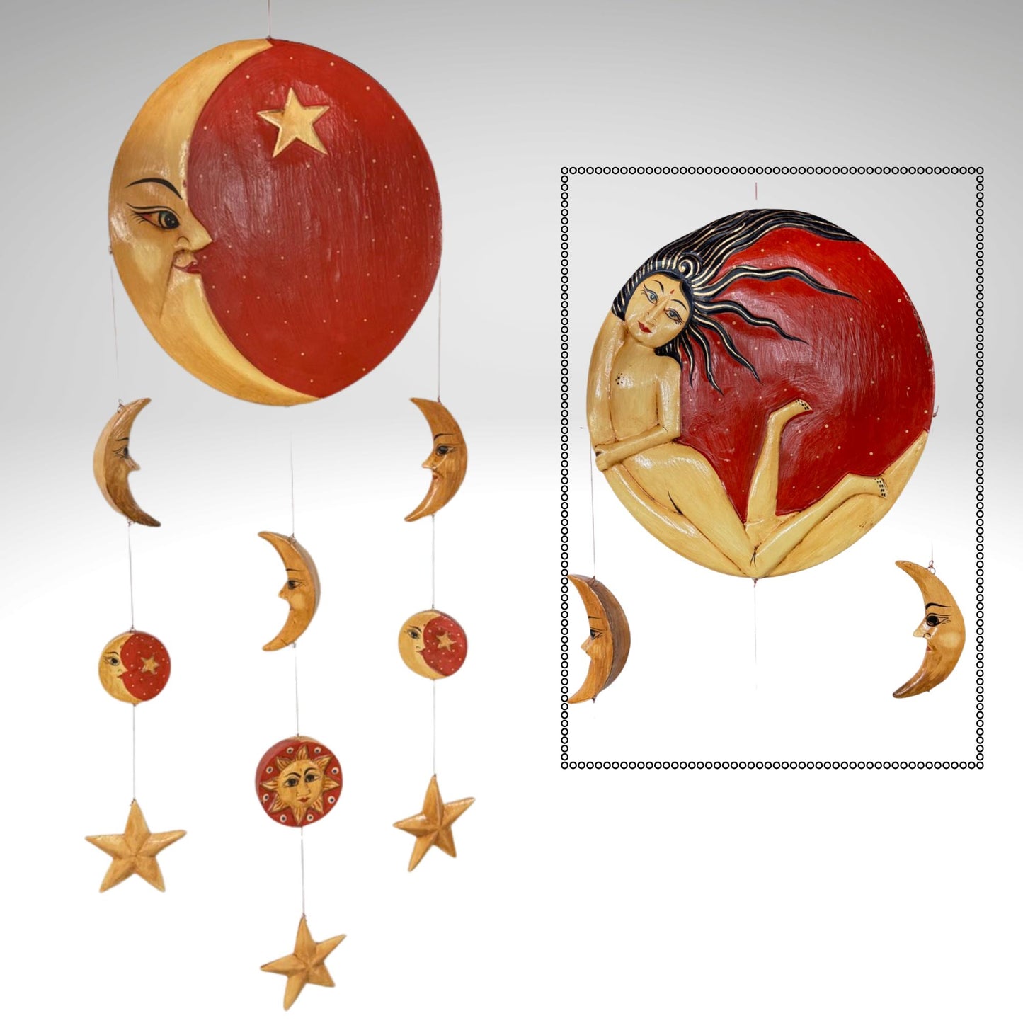 Balinese Moon Goddess Hanging Mobile: Hand-Carved Celestial Moon Stars Wood Art