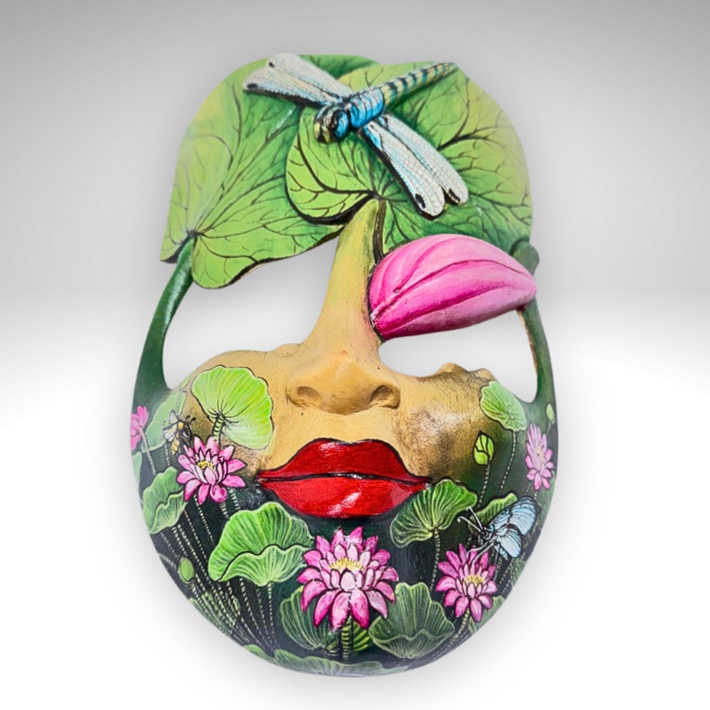 Hand Carved Wood Balinese Mask Dragonfly Goddess: Hand-painted Lotus Garden Abstract Carving, Wall Art