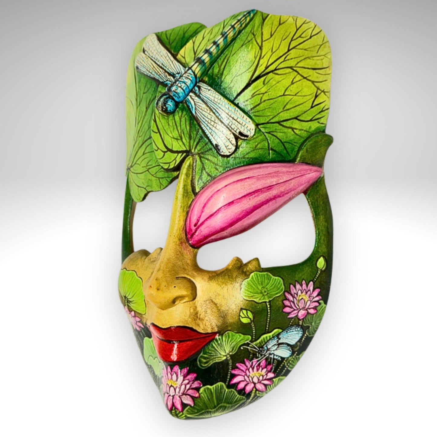 Hand Carved Wood Balinese Mask Dragonfly Goddess: Hand-painted Lotus Garden Abstract Carving, Wall Art