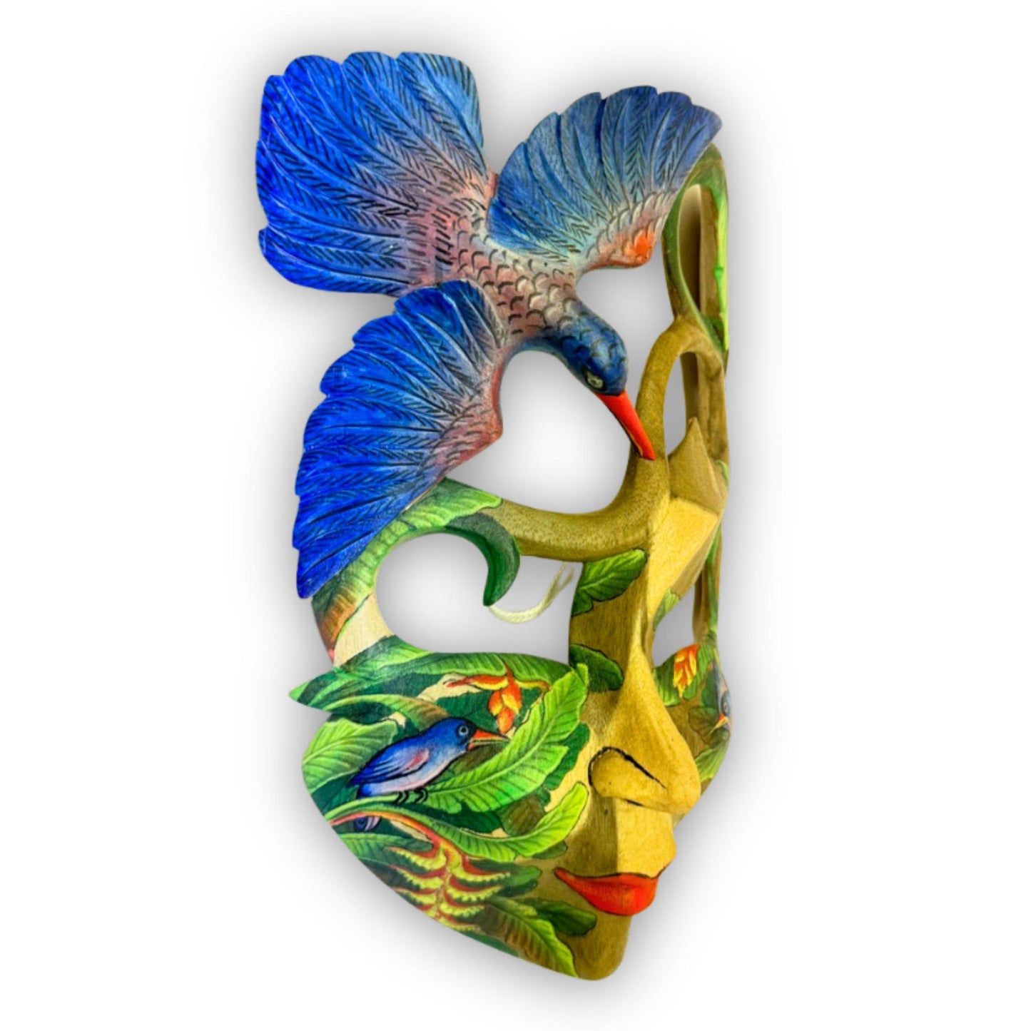 Hand Carved Wood Balinese Mask Kingfisher Goddess: Hand-painted Jungle Garden Abstract Carving, Wall Art