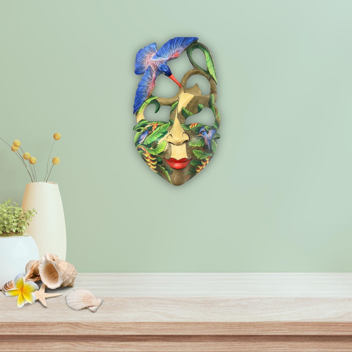 Hand Carved Wood Balinese Mask Kingfisher Goddess: Hand-painted Jungle Garden Abstract Carving, Wall Art