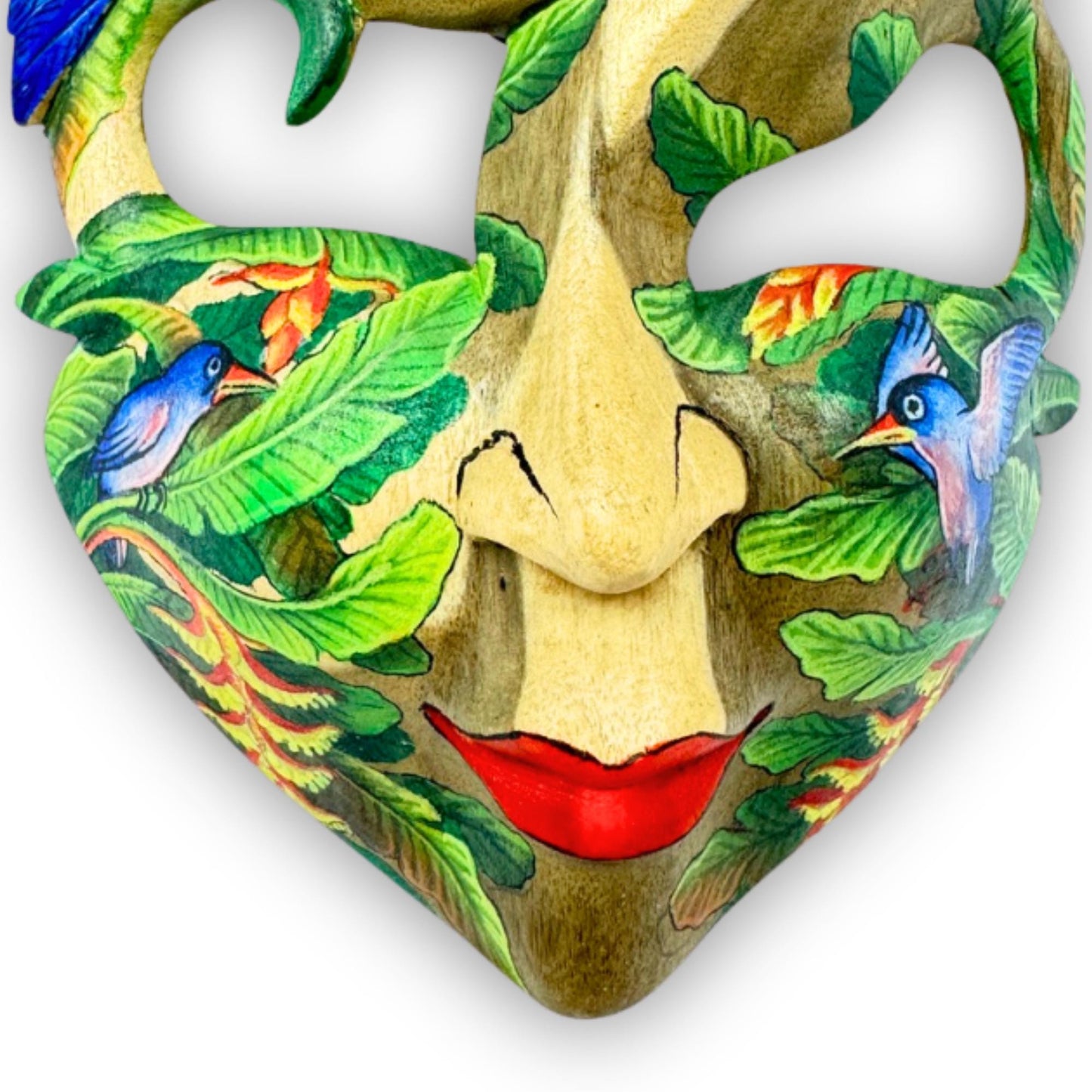 Hand Carved Wood Balinese Mask Kingfisher Goddess: Hand-painted Jungle Garden Abstract Carving, Wall Art