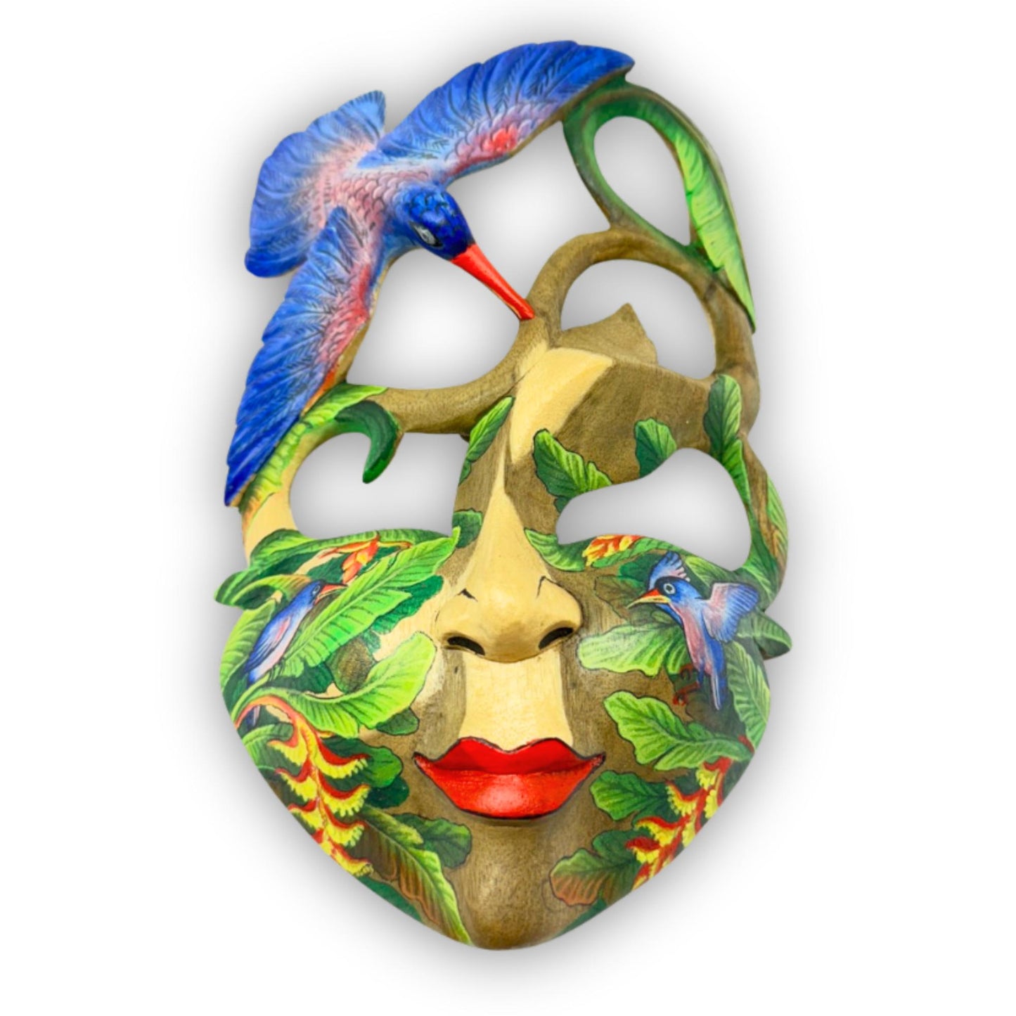 Hand Carved Wood Balinese Mask Kingfisher Goddess: Hand-painted Jungle Garden Abstract Carving, Wall Art