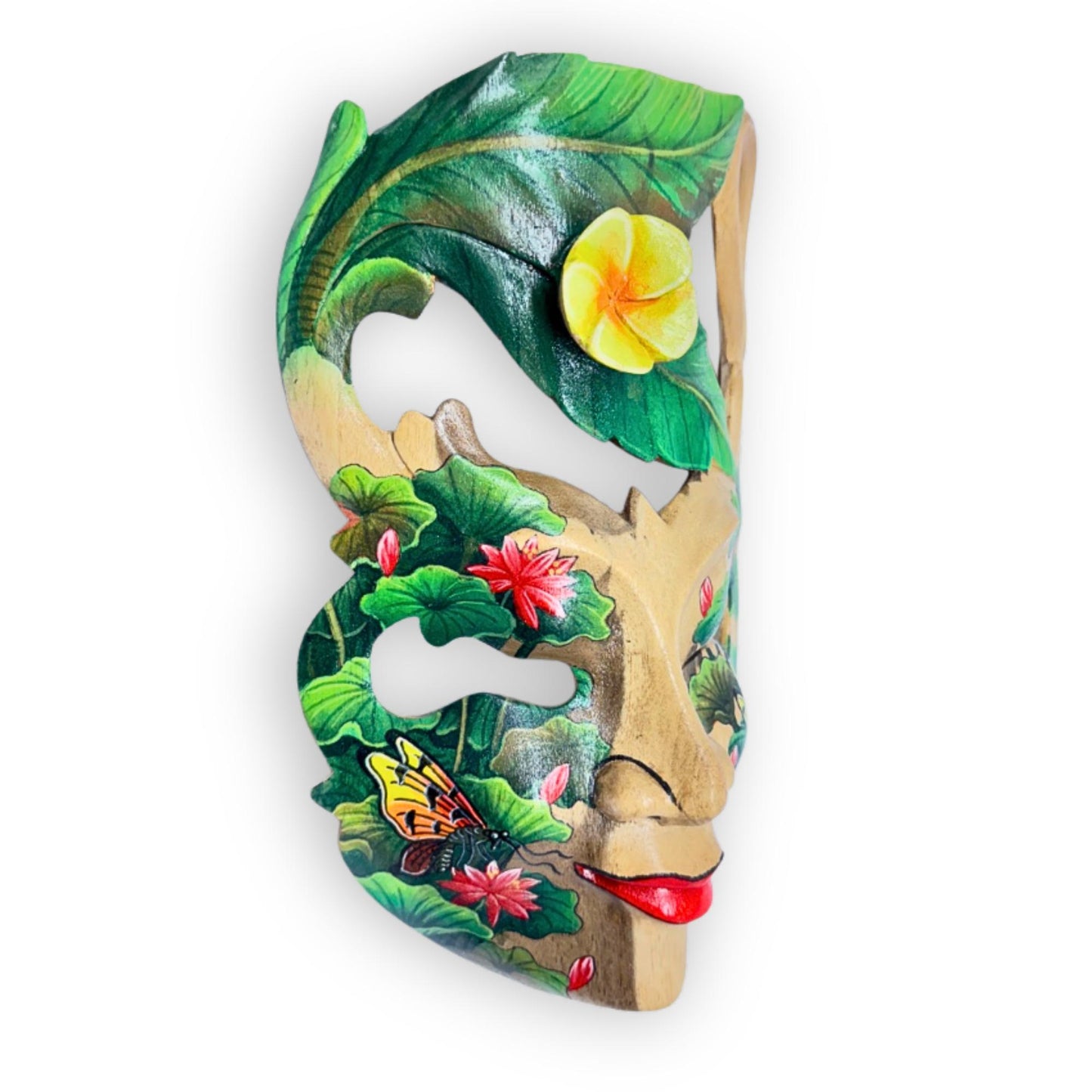 Hand Carved Wood Balinese Frangipani Goddess Mask: Hand-painted Jungle Garden Abstract Carving, Wall Art