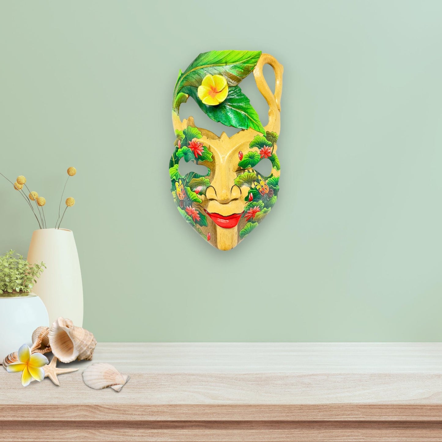 Hand Carved Wood Balinese Frangipani Goddess Mask: Hand-painted Jungle Garden Abstract Carving, Wall Art