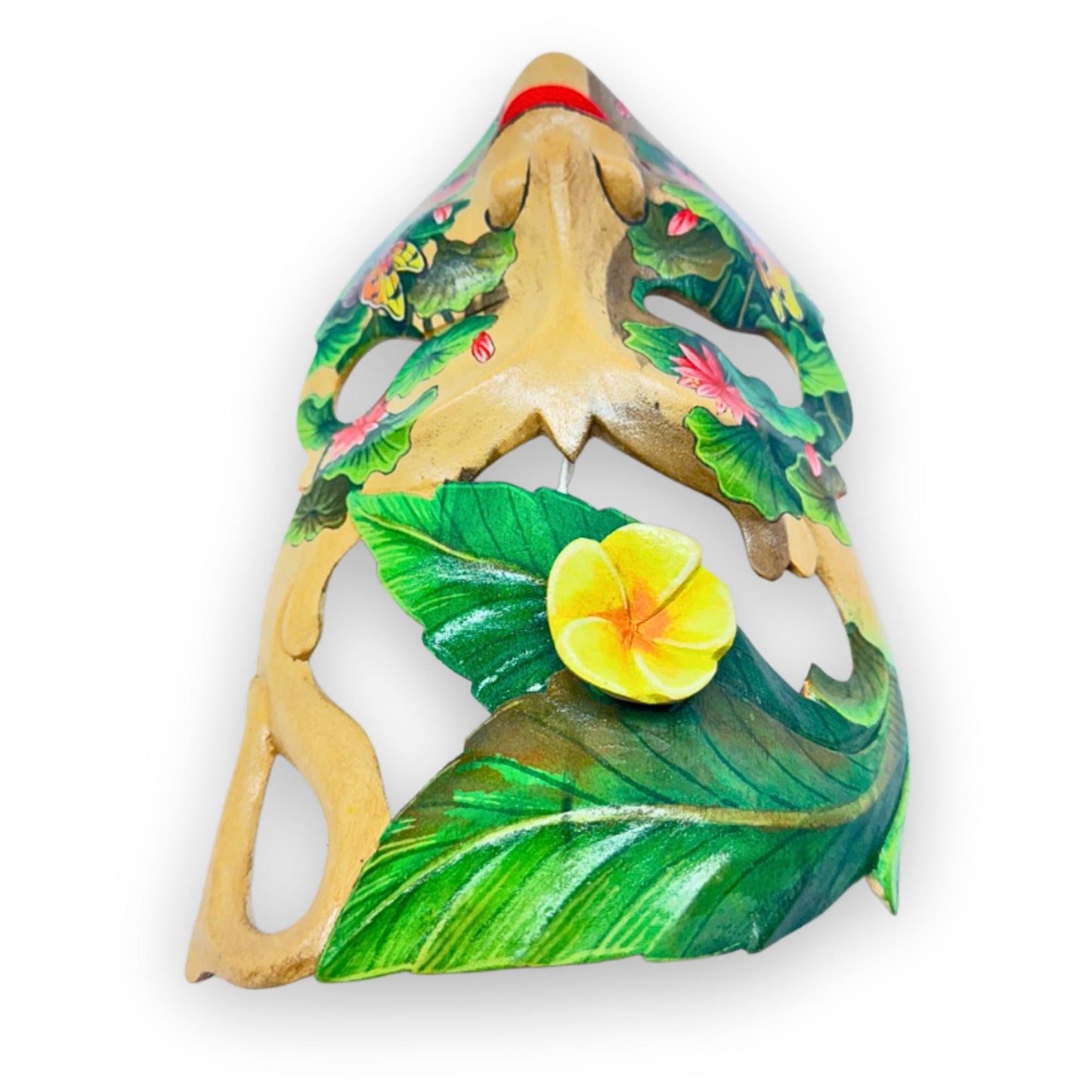 Hand Carved Wood Balinese Frangipani Goddess Mask: Hand-painted Jungle Garden Abstract Carving, Wall Art