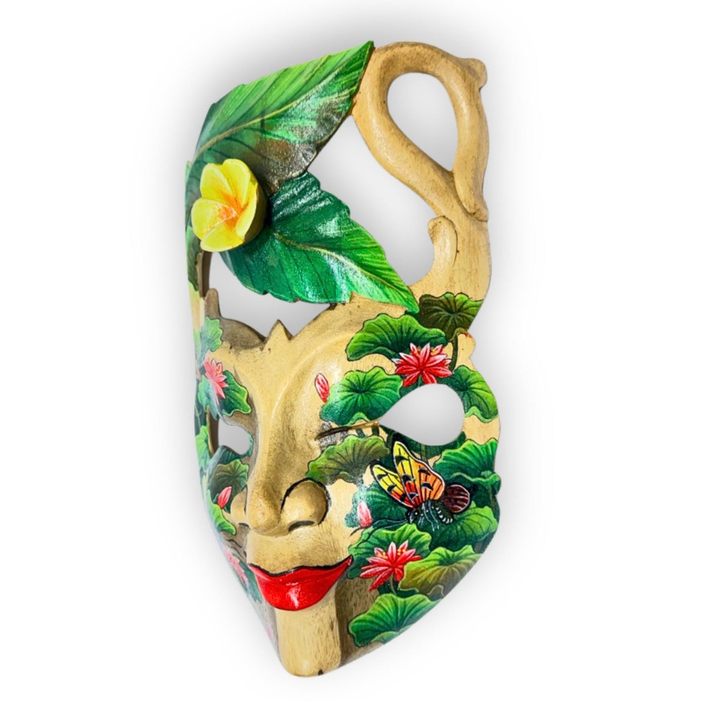 Hand Carved Wood Balinese Frangipani Goddess Mask: Hand-painted Jungle Garden Abstract Carving, Wall Art