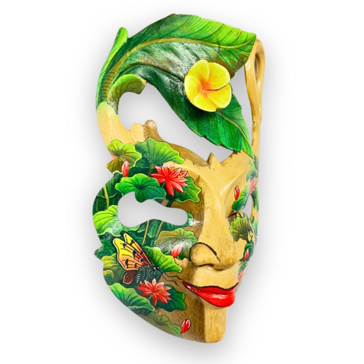 Hand Carved Wood Balinese Frangipani Goddess Mask: Hand-painted Jungle Garden Abstract Carving, Wall Art