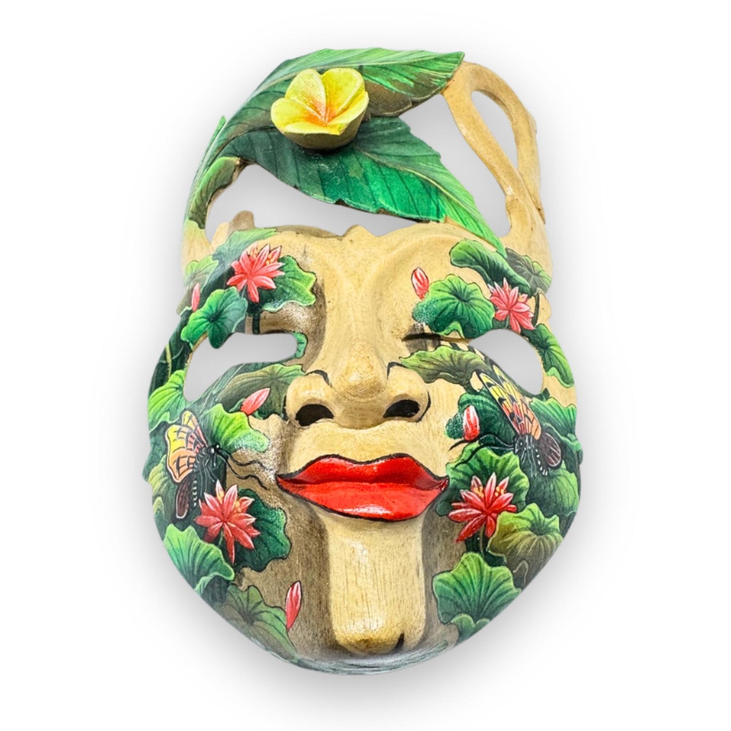 Hand Carved Wood Balinese Frangipani Goddess Mask: Hand-painted Jungle Garden Abstract Carving, Wall Art