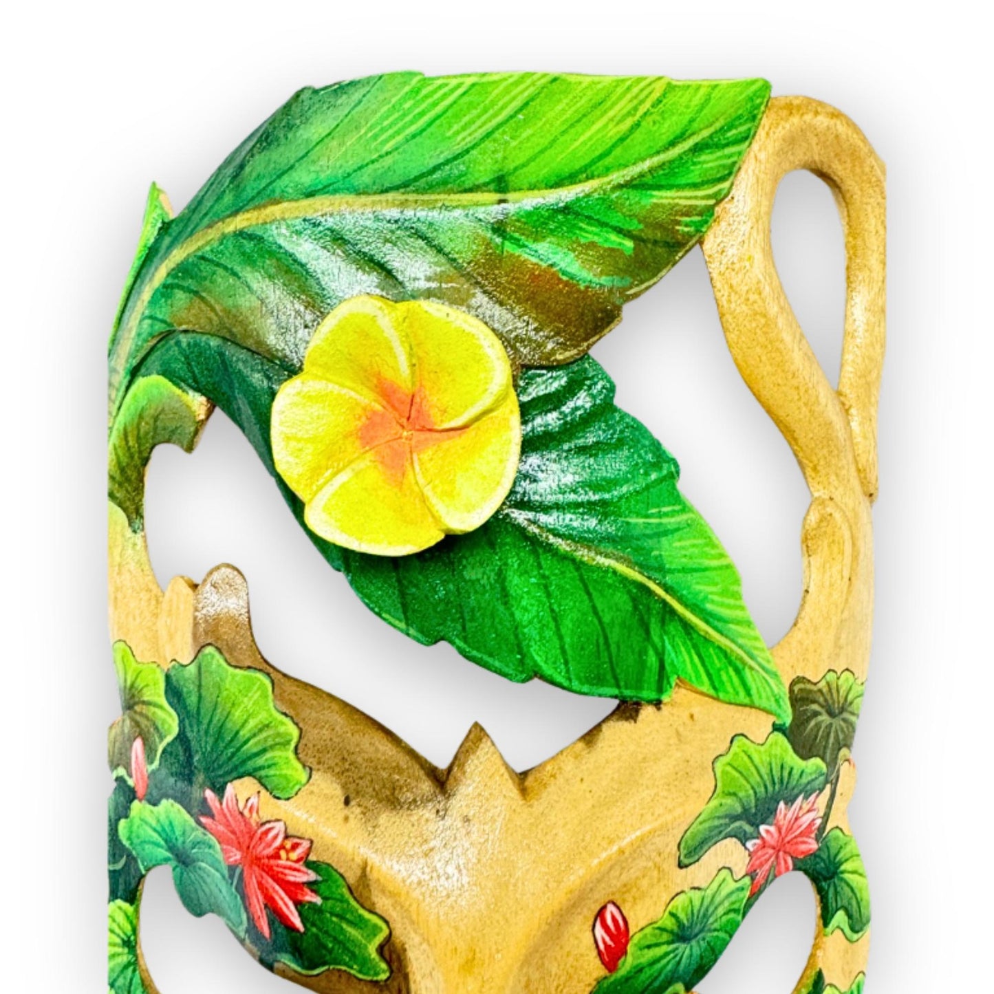 Hand Carved Wood Balinese Frangipani Goddess Mask: Hand-painted Jungle Garden Abstract Carving, Wall Art