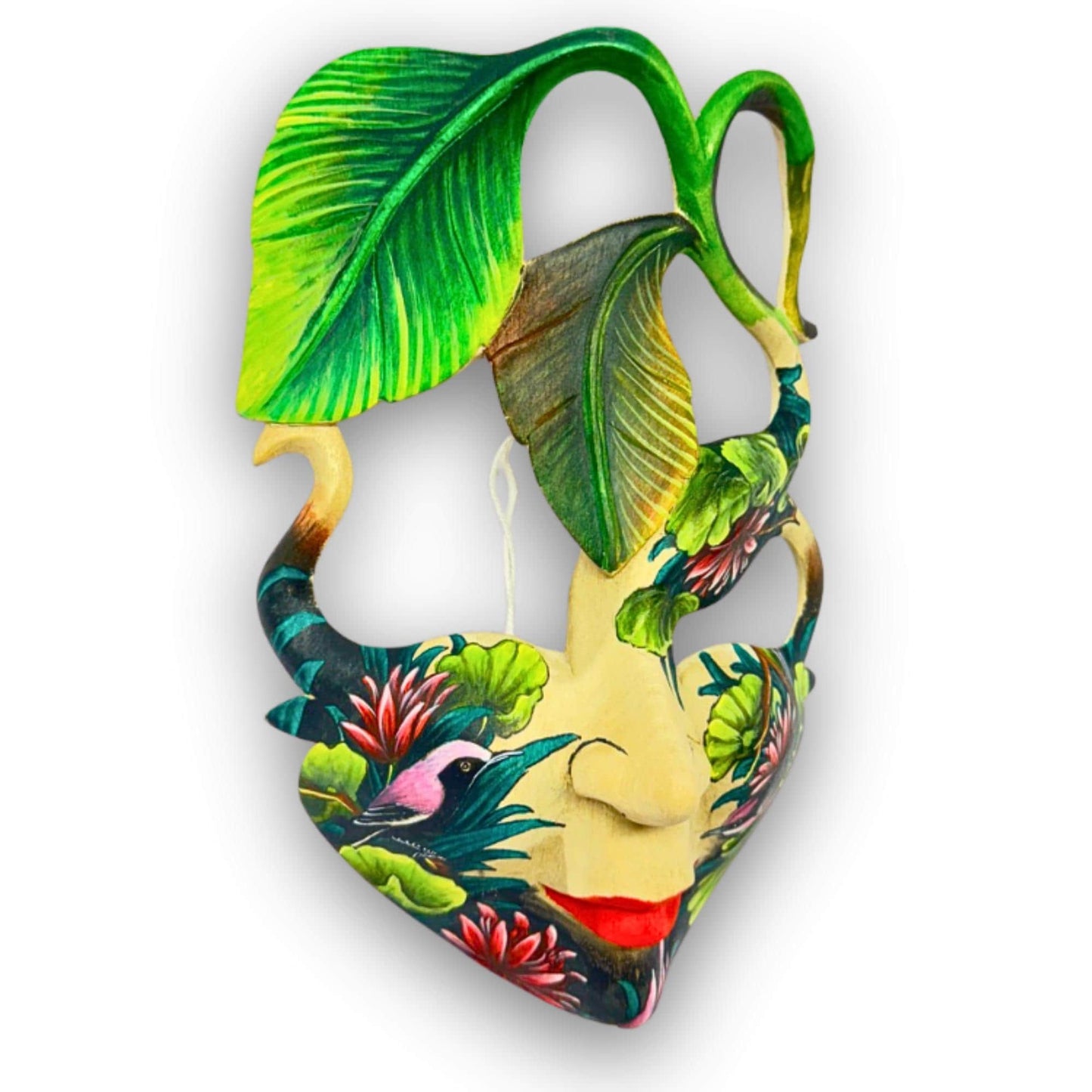 Hand Carved Wood Balinese  Goddess Mask: Hand-painted Sacred Lotus Garden Abstract Carving, Wall Art