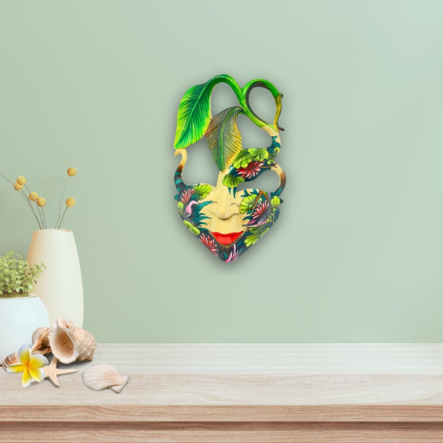 Hand Carved Wood Balinese  Goddess Mask: Hand-painted Sacred Lotus Garden Abstract Carving, Wall Art