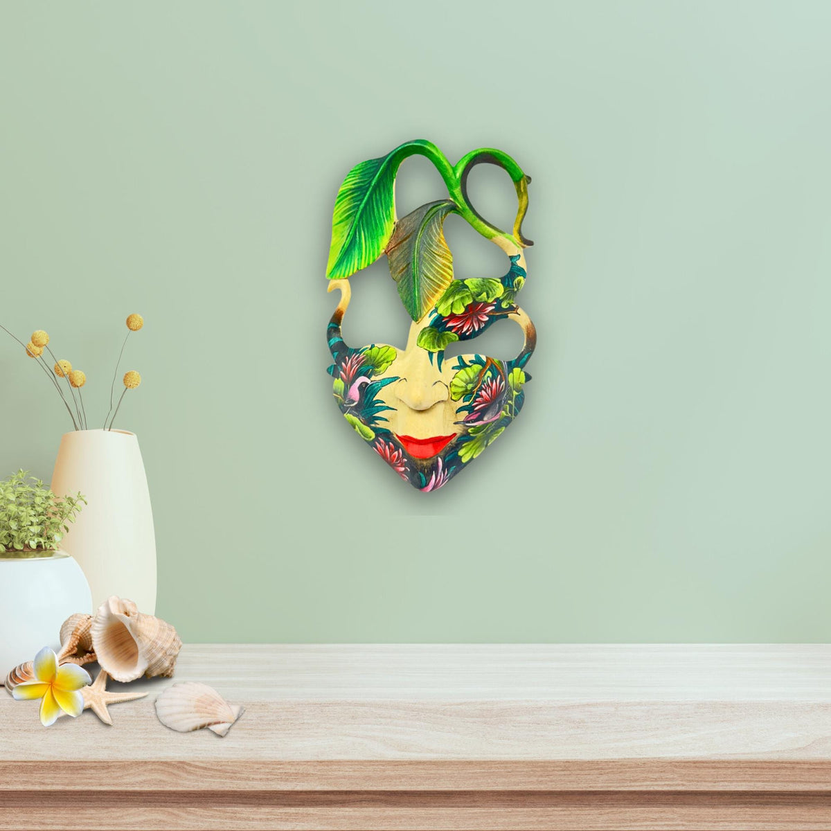 Hand Carved Wood Balinese  Goddess Mask: Hand-painted Sacred Lotus Garden Abstract Carving, Wall Art